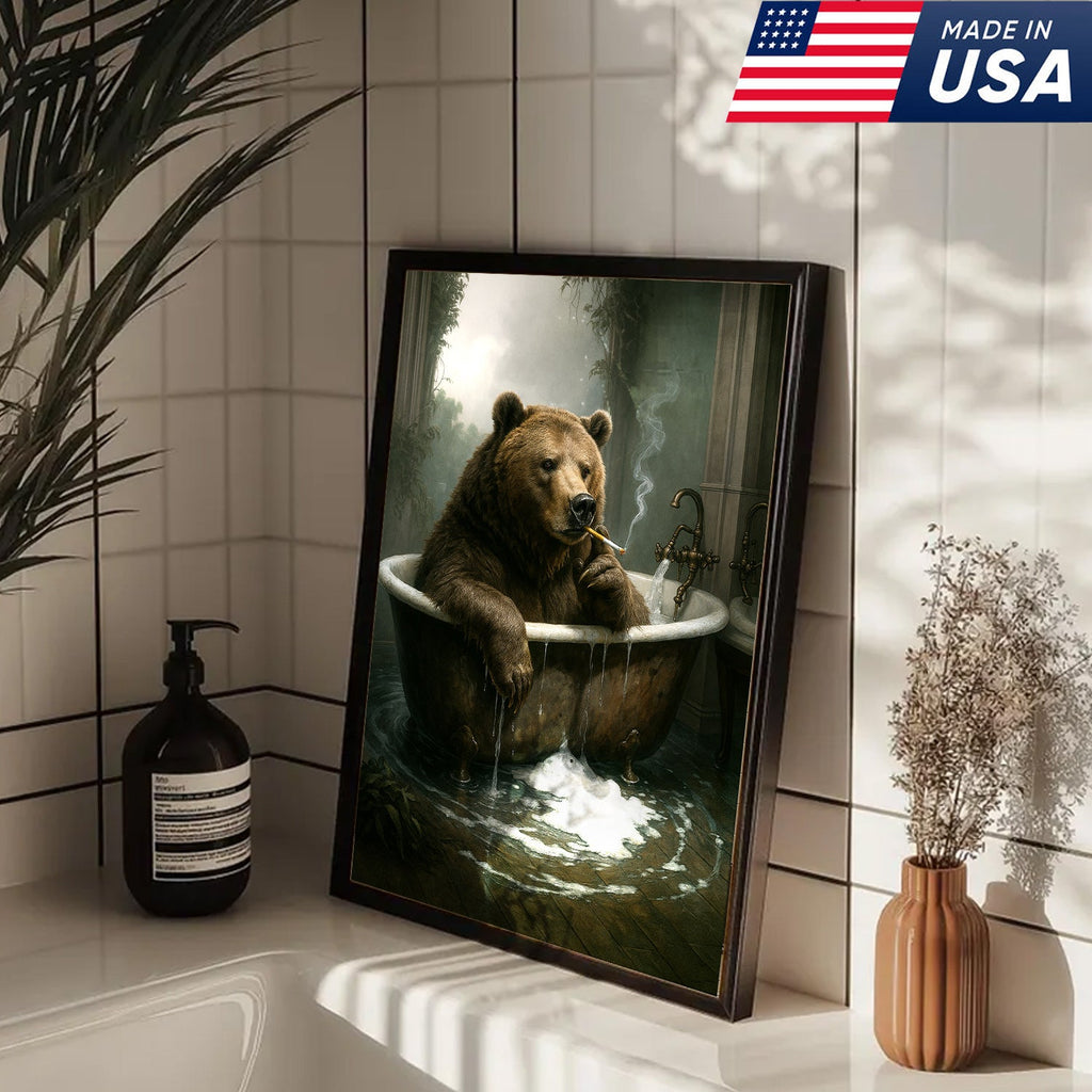 Smoking Bear in Bathtub Canvas – Surreal Rustic Wall Art for Man Cave & Lodge Decor