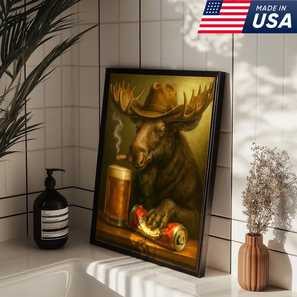 Rustic Cowboy Moose Beer Canvas – Funny Bar Wall Art Gift for Hunters, Cabin Decor & Man Caves