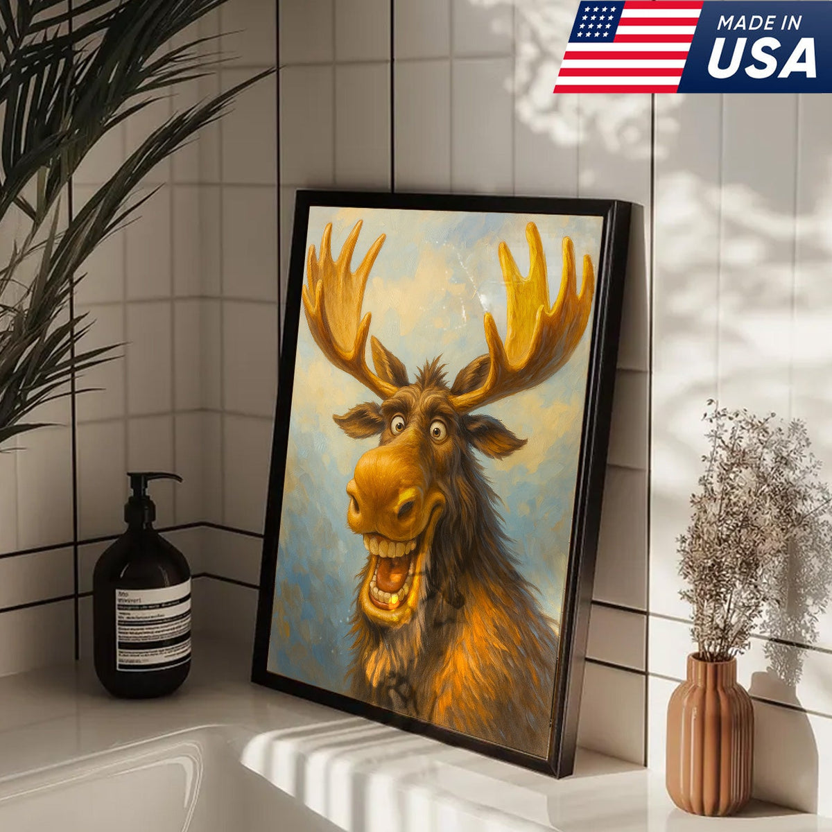 Funny Moose Wall Art – Cartoon Moose Decor, Rustic Cabin Gift, Lodge Bar Humor Canvas Print