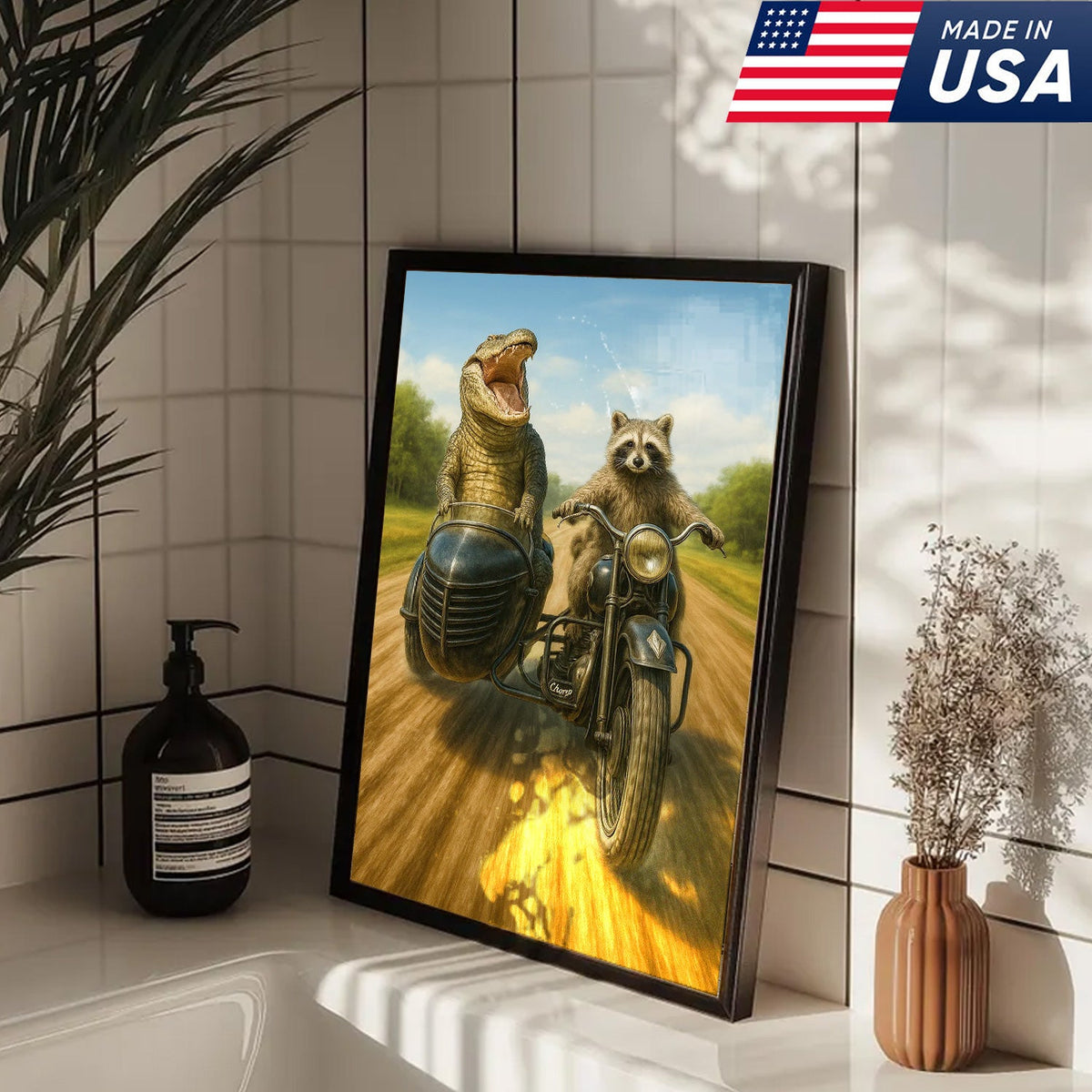 Raccoon Riding Motorcycle with Alligator Sidecar Canvas Wall Art, Funny Wildlife Road Trip Decor for Man Cave