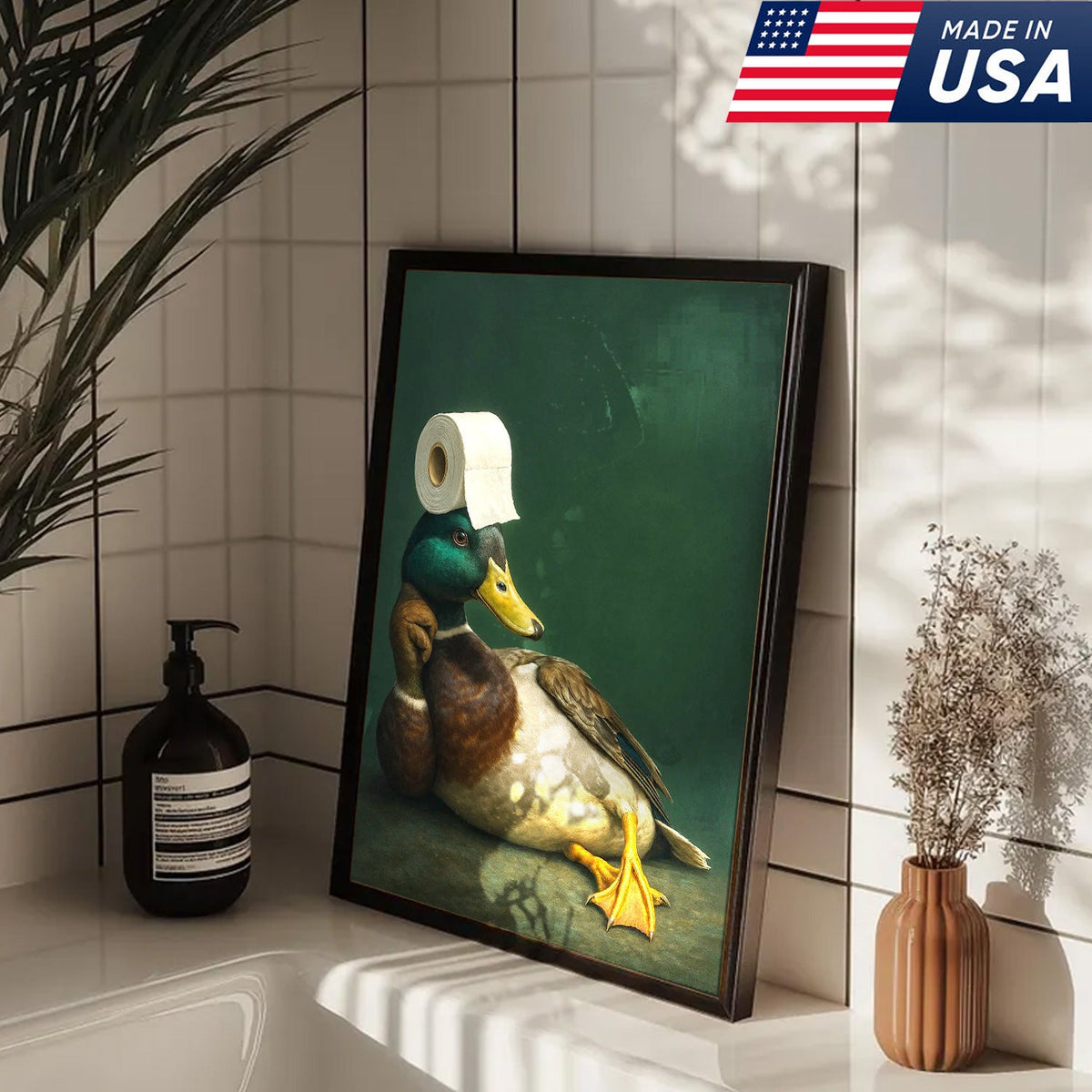 Funny Duck Bathroom Canvas Wall Art – Quirky Rustic Lodge Decor – Mallard Humor Gift Idea