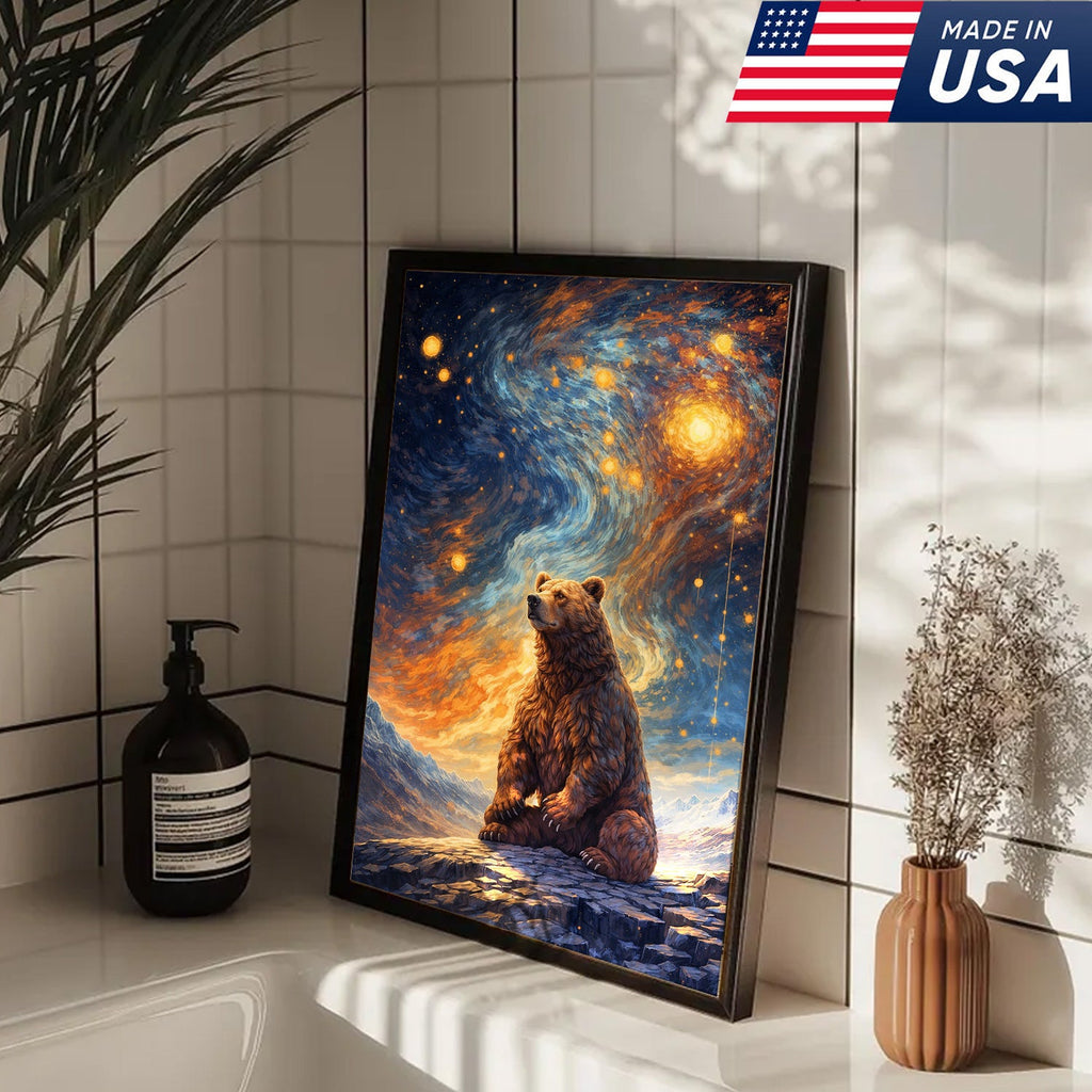 Cosmic Bear Under Starry Sky Canvas – Dreamy Galaxy Wildlife Wall Art