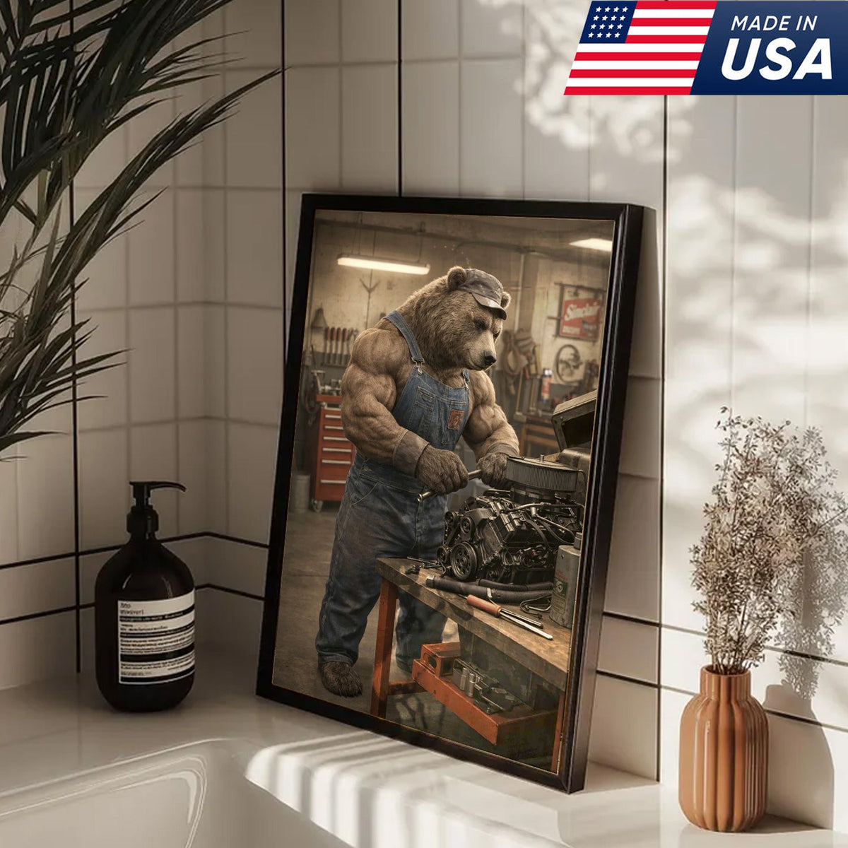 Muscular Bear Mechanic Canvas Wall Art – Realistic Animal Workshop Print
