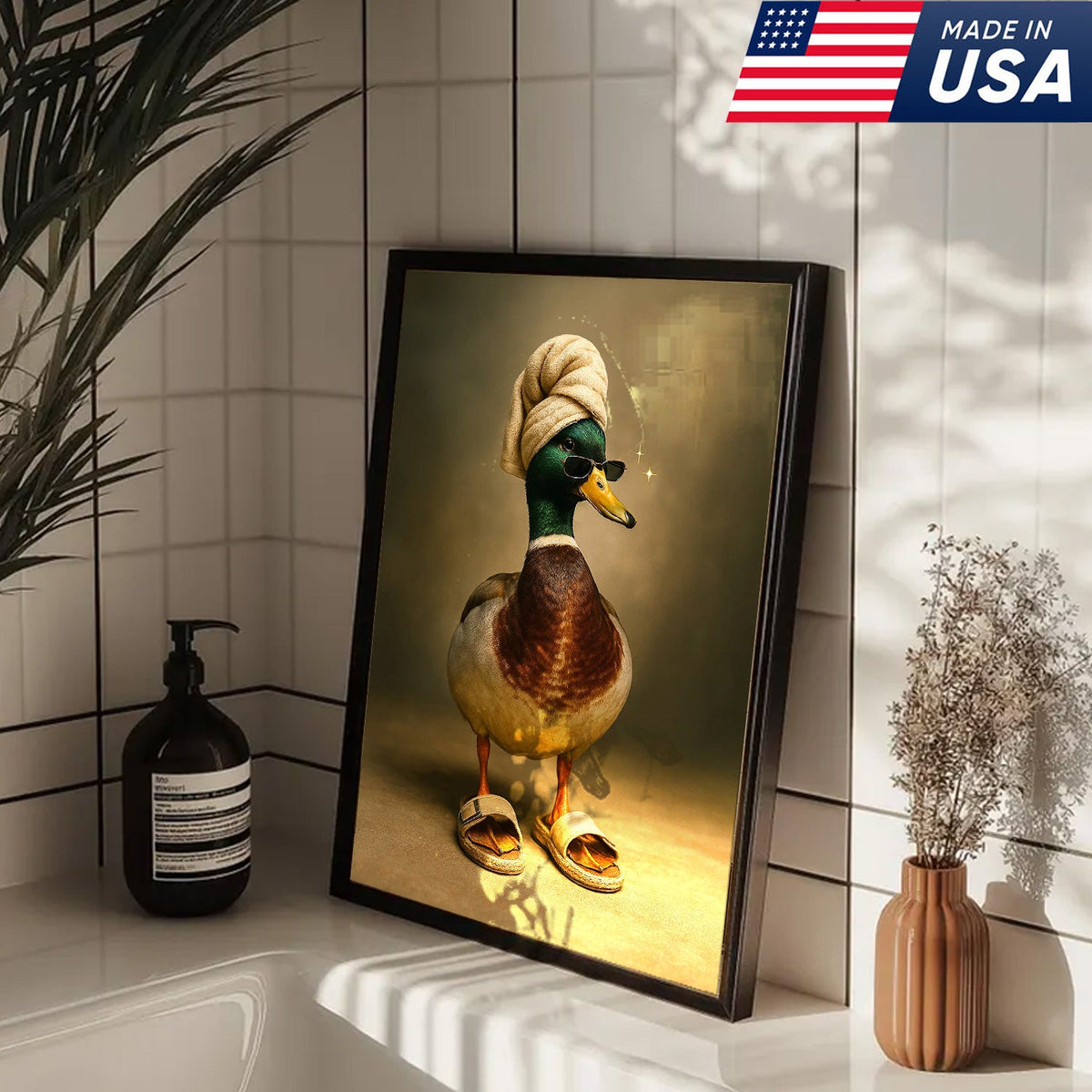 Spa Day Duck Canvas Wall Art, Funny Mallard in Towel and Sandals Bathroom Decor