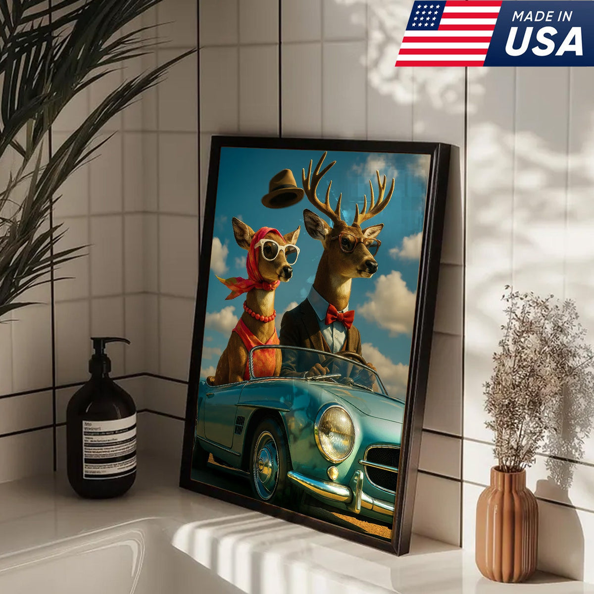 Retro Deer Couple Driving Canvas – Funny Buck & Doe in Convertible, Vintage Wall Art