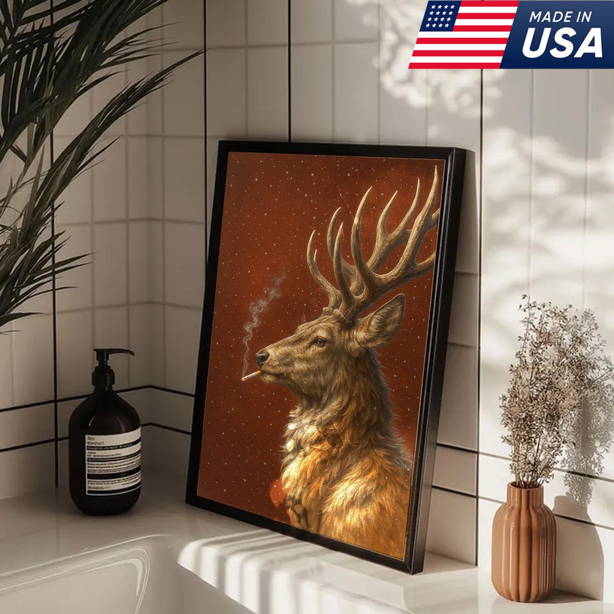 Smoking Deer Wall Art Canvas – Rustic Buck Canvas Print, Funny Christmas Cabin Decor