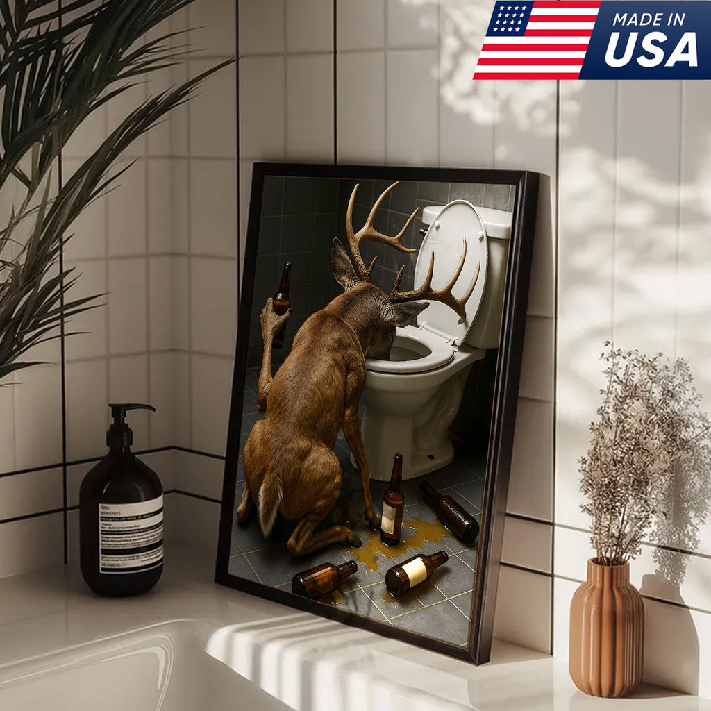 Funny Drunk Deer Canvas Wall Art, Hilarious Buck Bathroom Decor