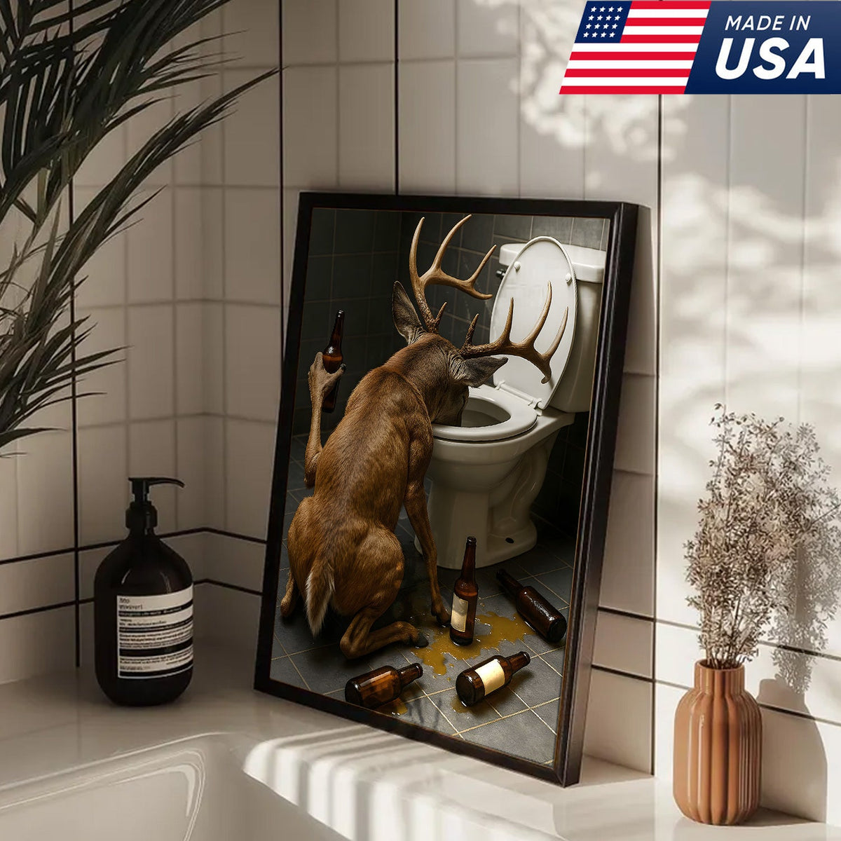 Funny Drunk Deer Canvas Wall Art, Hilarious Buck Bathroom Decor
