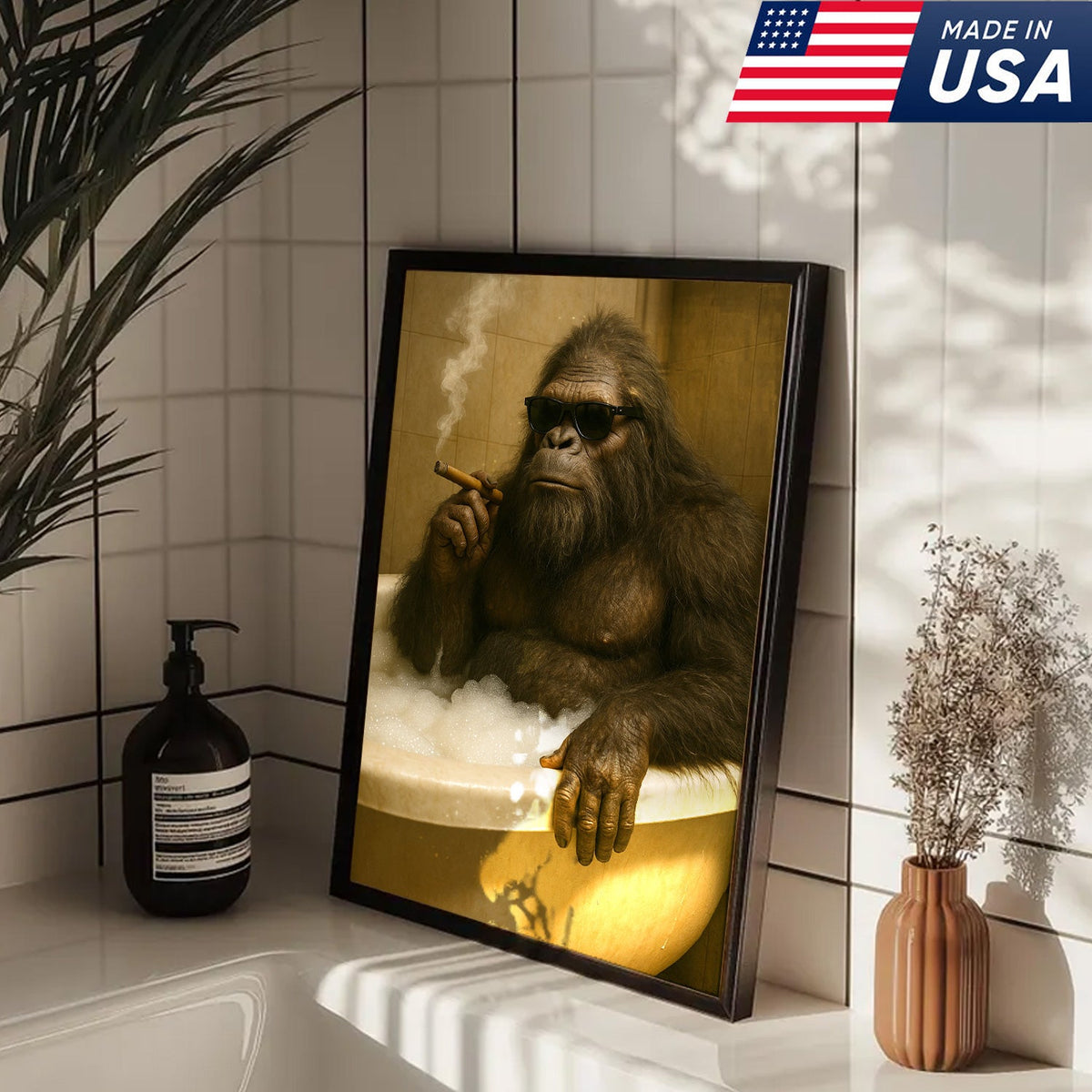 Funny Bigfoot Smoking Canvas Wall Art – Cool Bathtub Scene Gift for Hunters & Outdoorsmen
