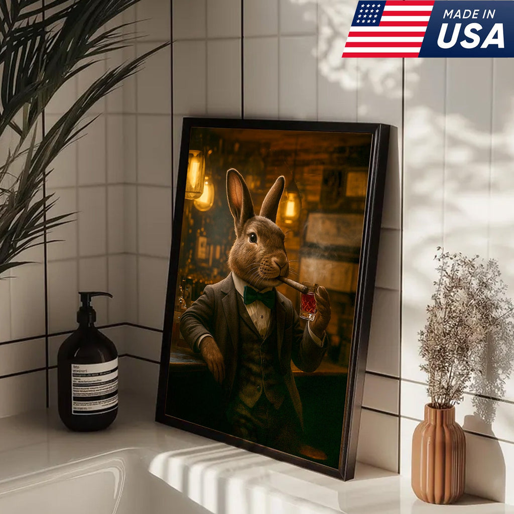 Rabbit Gentleman Wall Art – Classy Drinking & Smoking Canvas for Bar, Lodge & Man Cave Decor