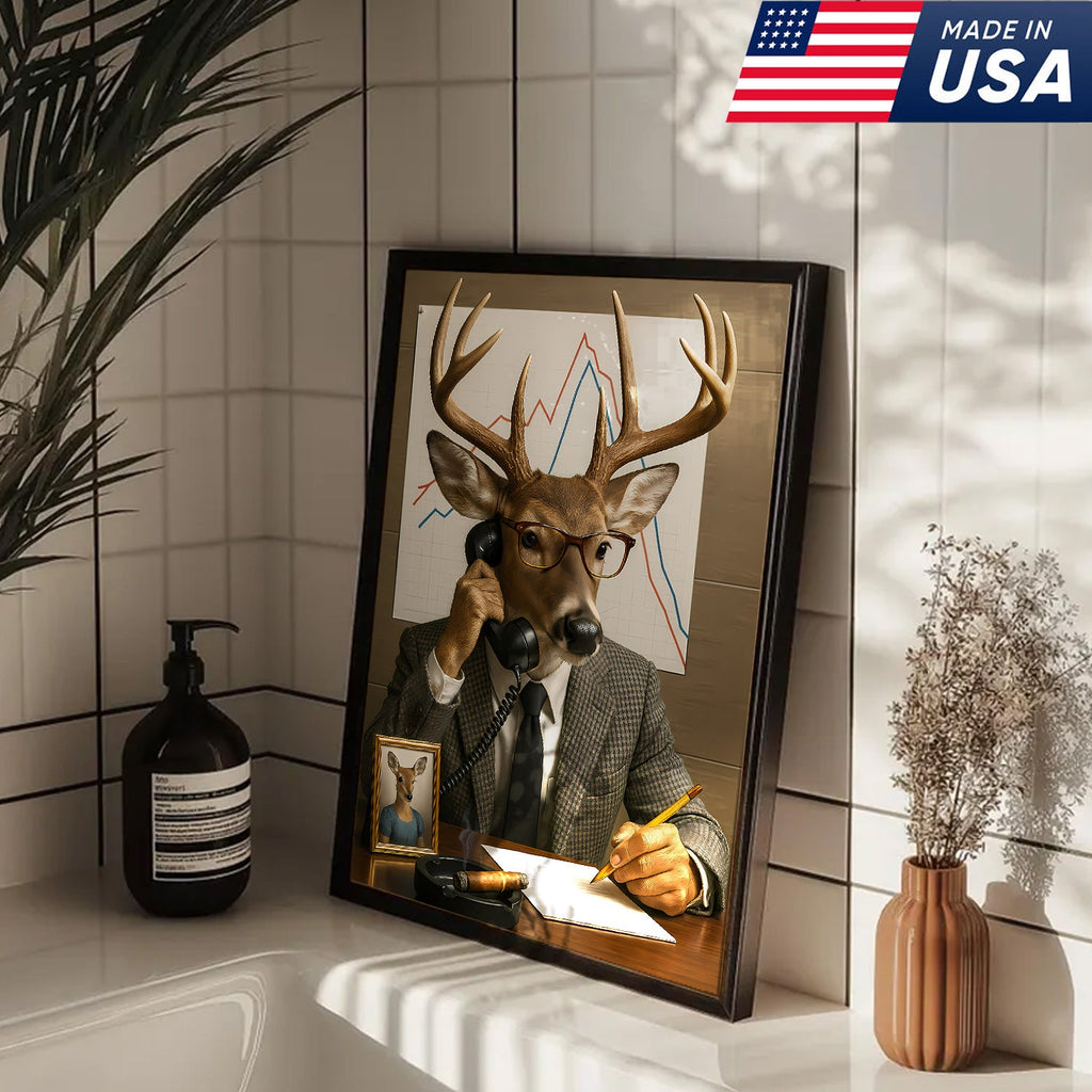 Funny Deer Businessman Canvas, Hilarious Office Buck Wall Art, Quirky Animal Decor for Workspace