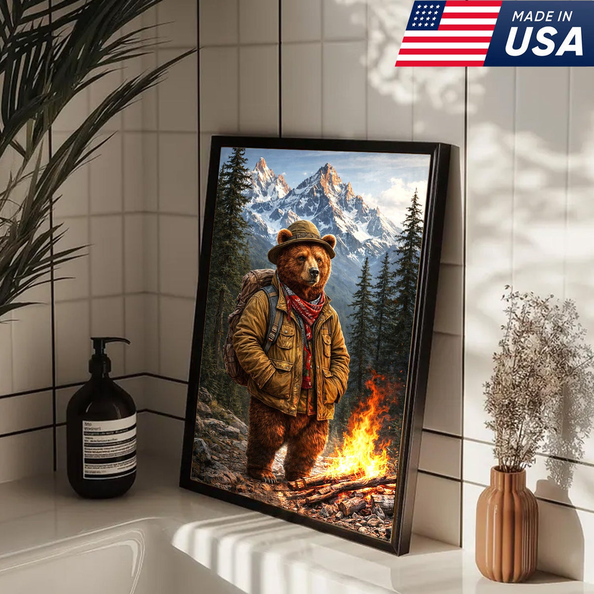 Mountain Explorer Bear Canvas Wall Art – Realistic Wildlife Hiking Print