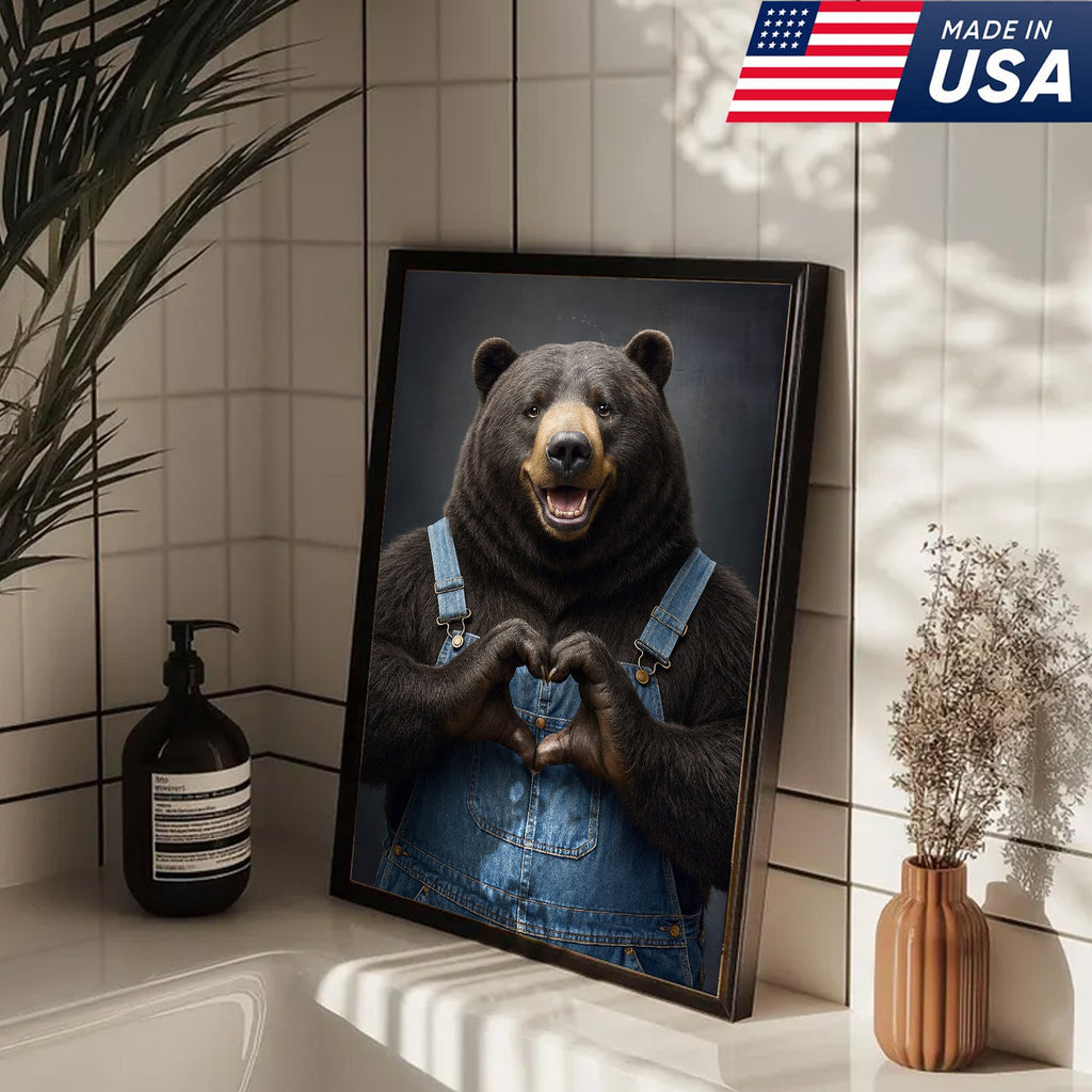 Cute Bear Heart Hands Wall Art Canvas – Whimsical Animal Print for Cabin