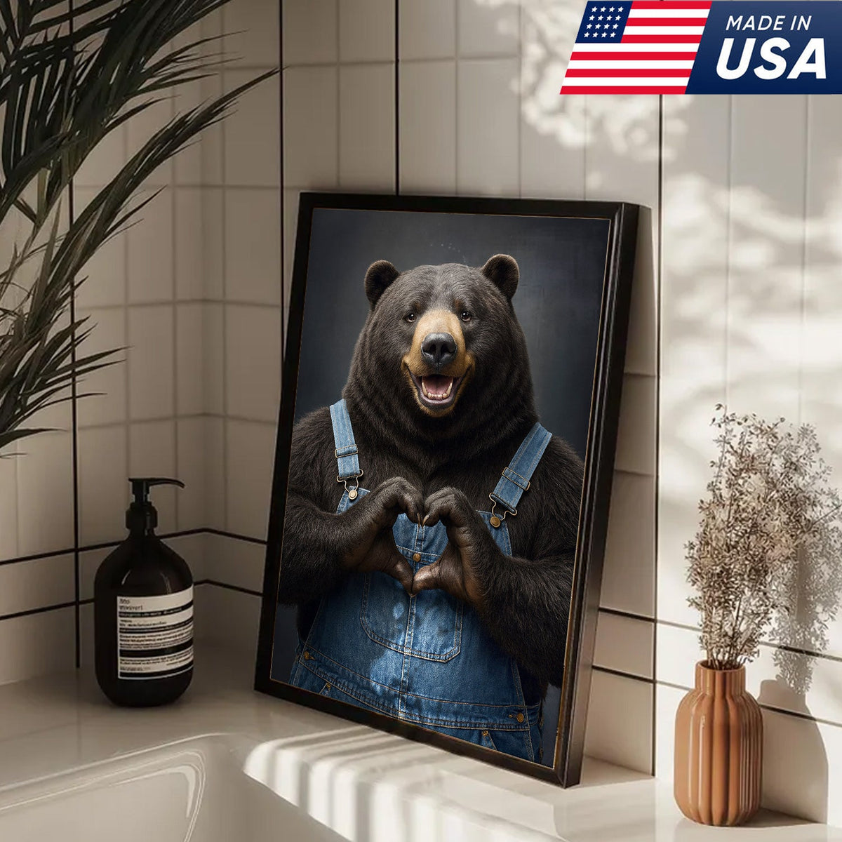 Cute Bear Heart Hands Wall Art Canvas – Whimsical Animal Print for Cabin