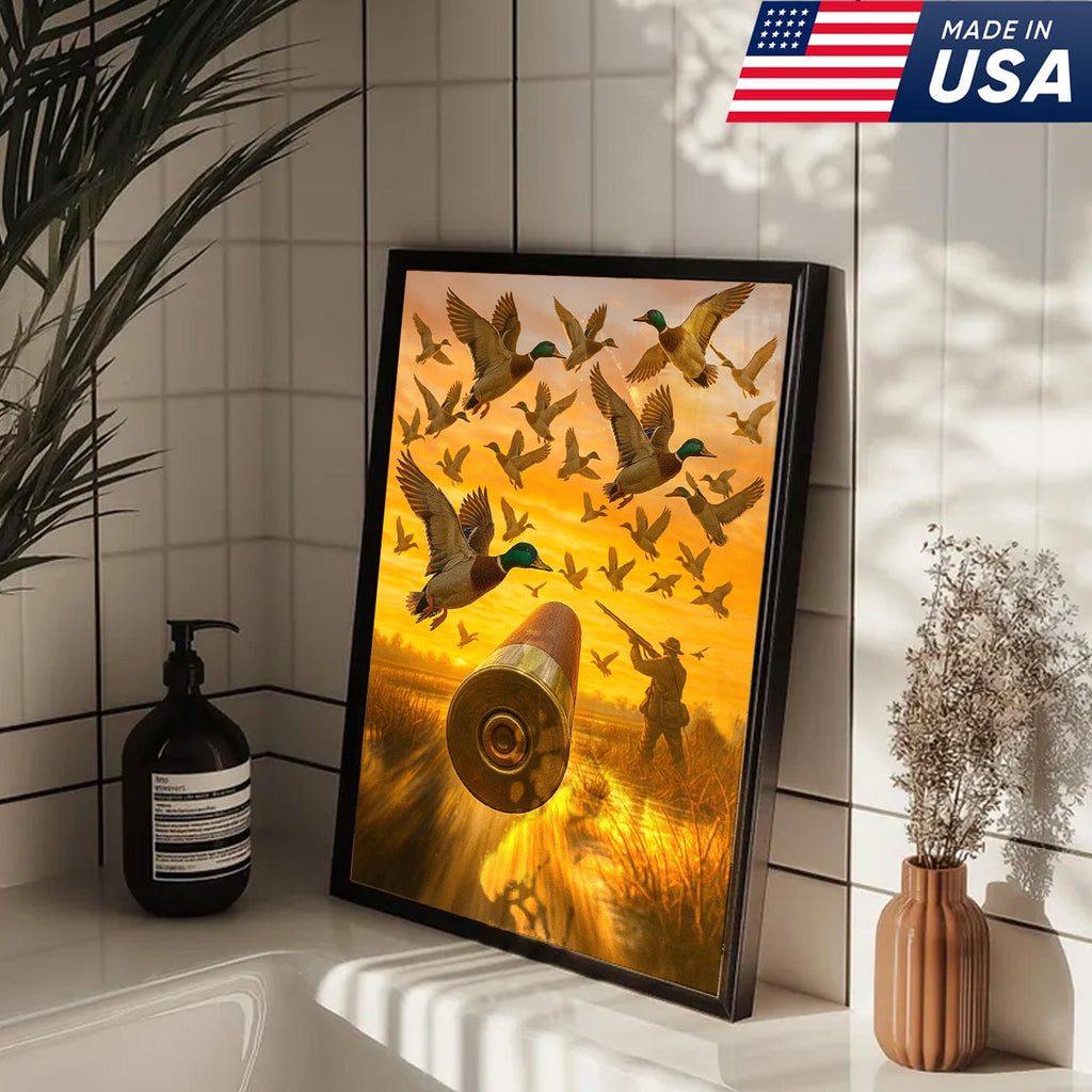 Duck Hunting Canvas Wall Art, Shotgun Shell and Flying Mallards Artwork, Rustic Cabin Decor for Hunters