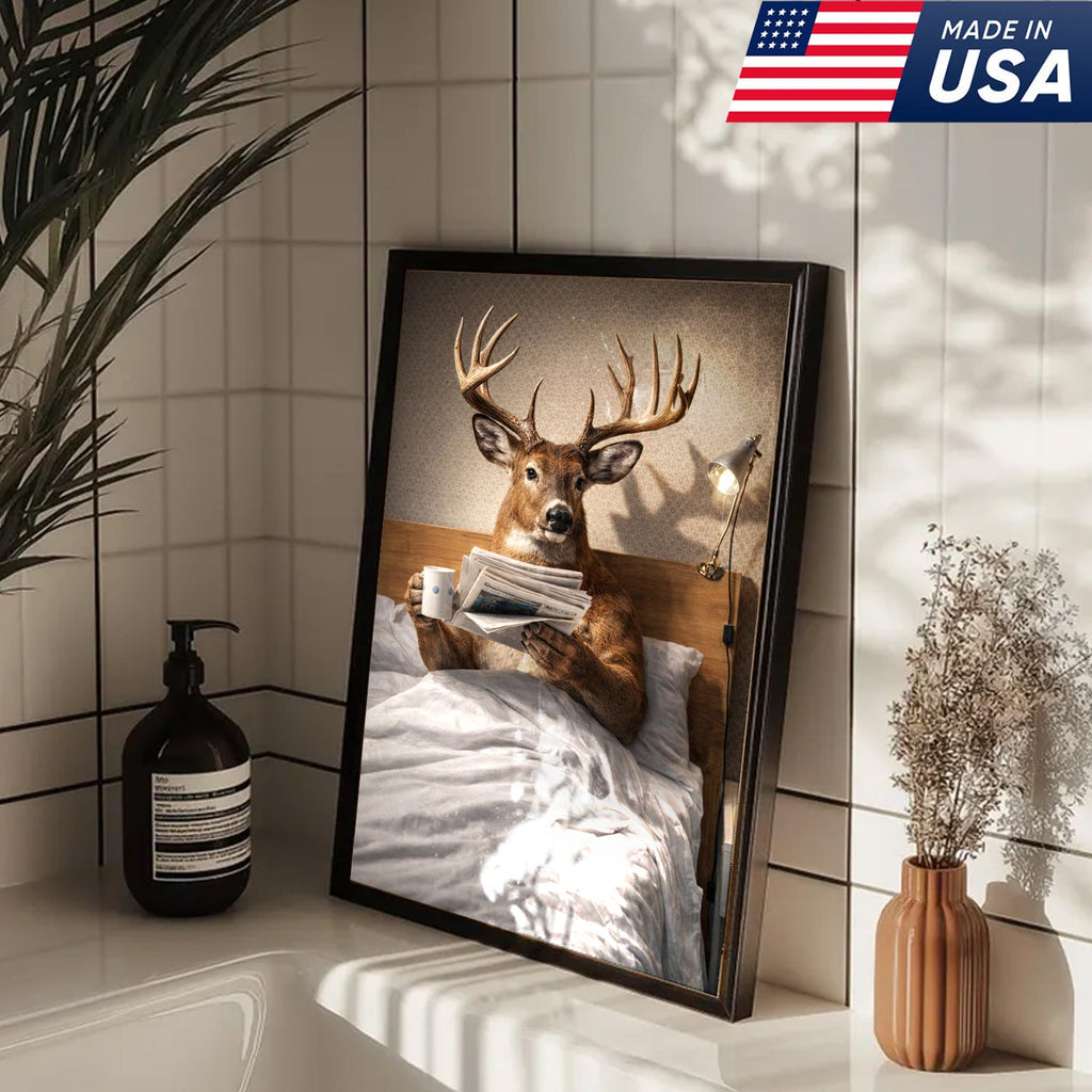 Funny Deer Canvas Wall Art Morning Coffee Newspaper Animal Humor Decor