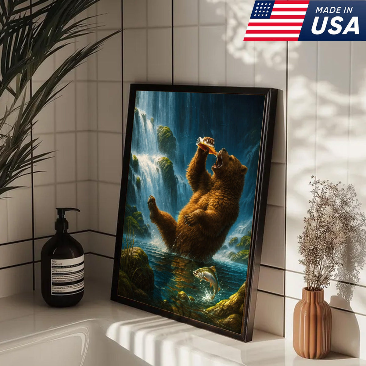 Funny Beer Bear Canvas Wall Art – Perfect Gift for Beer Lovers, Hunters & Outdoor Adventurers