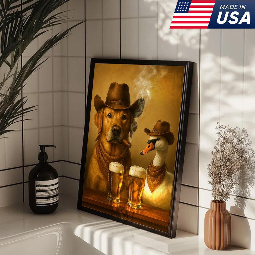 Funny Cowboy Dog & Geese Wall Art Canvas – Funny Beer & Smoking Canvas for Hunters