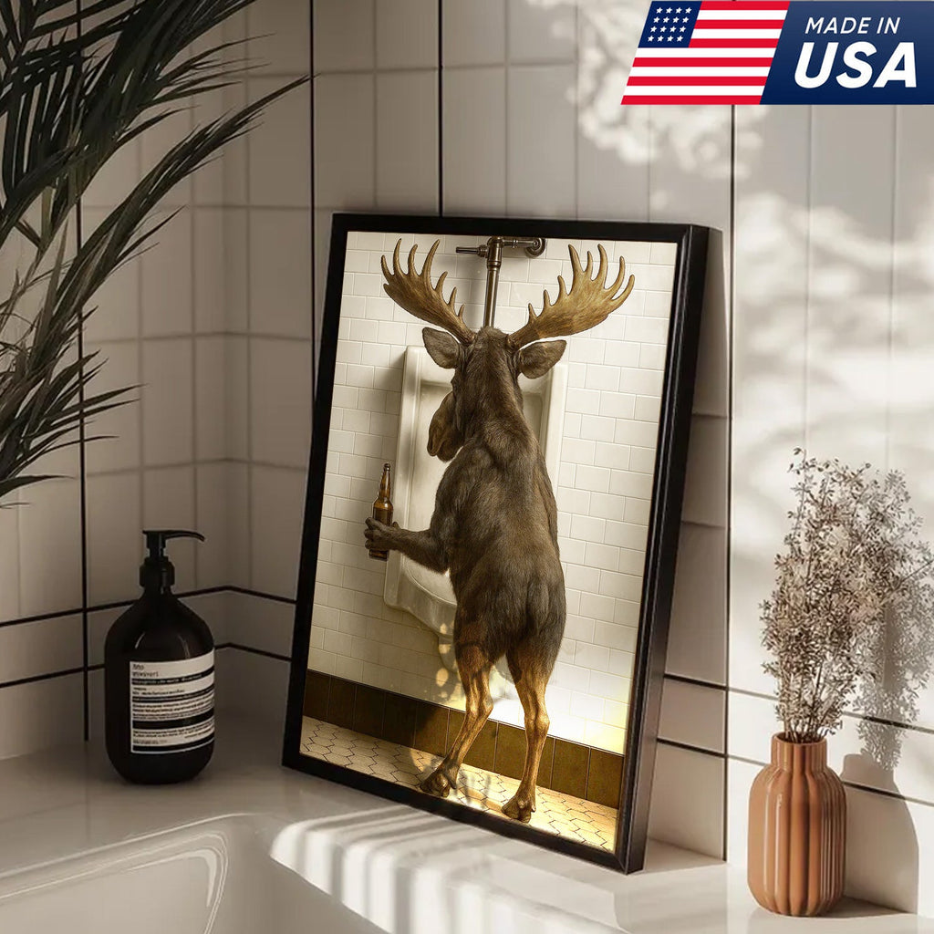 Moose Bathroom Canvas Wall Art - Funny Rustic Lodge Decor for Cabin and Hunting Enthusiasts