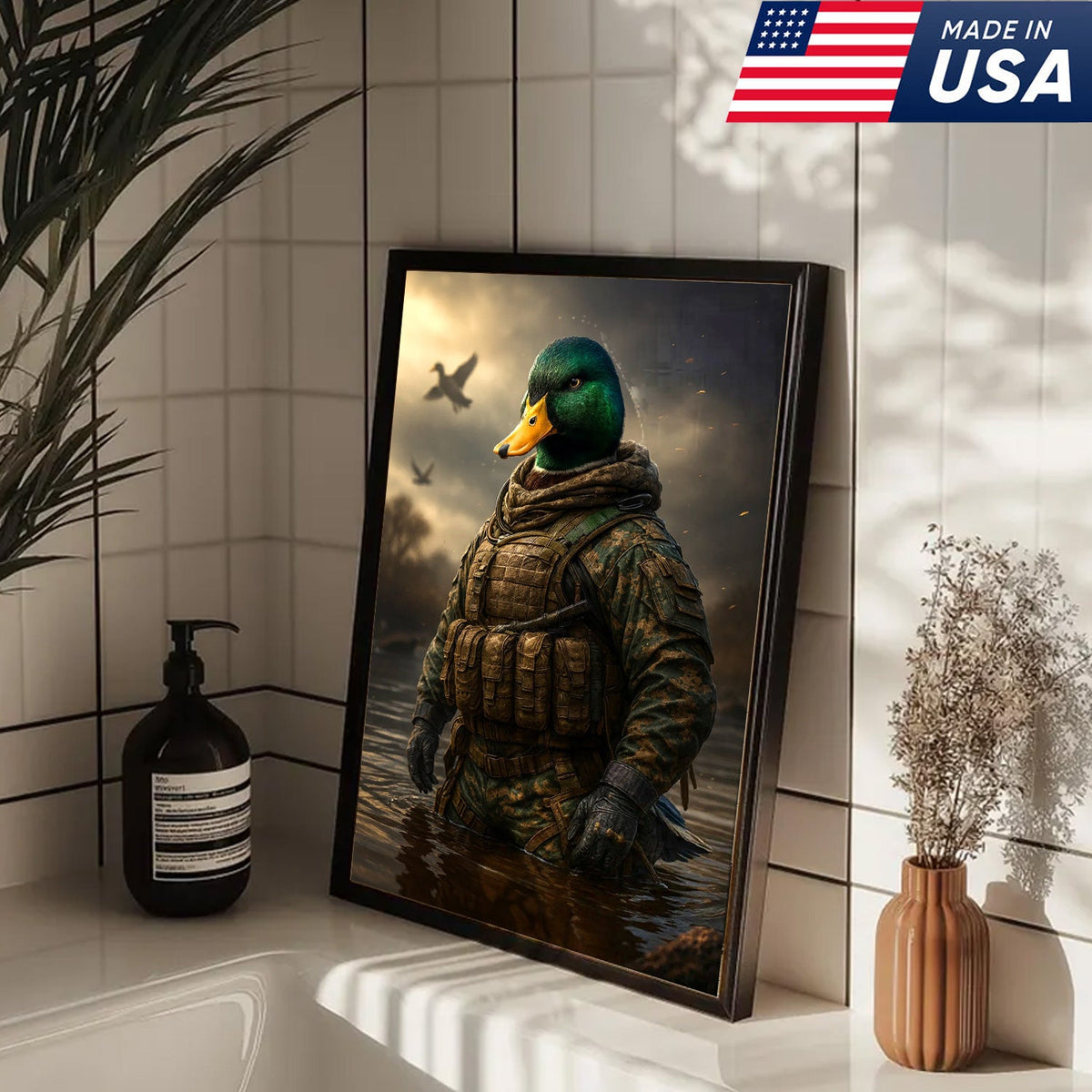 Tactical Duck Canvas Art – Elite Armored Mallard Warrior in Battle Scene