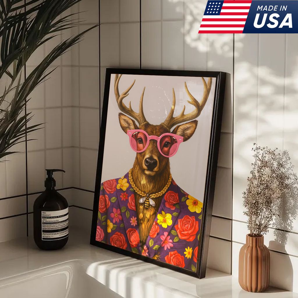 Funny Deer Wall Art Canvas – Stylish Hunter Canvas with Floral Suit & Sunglasses
