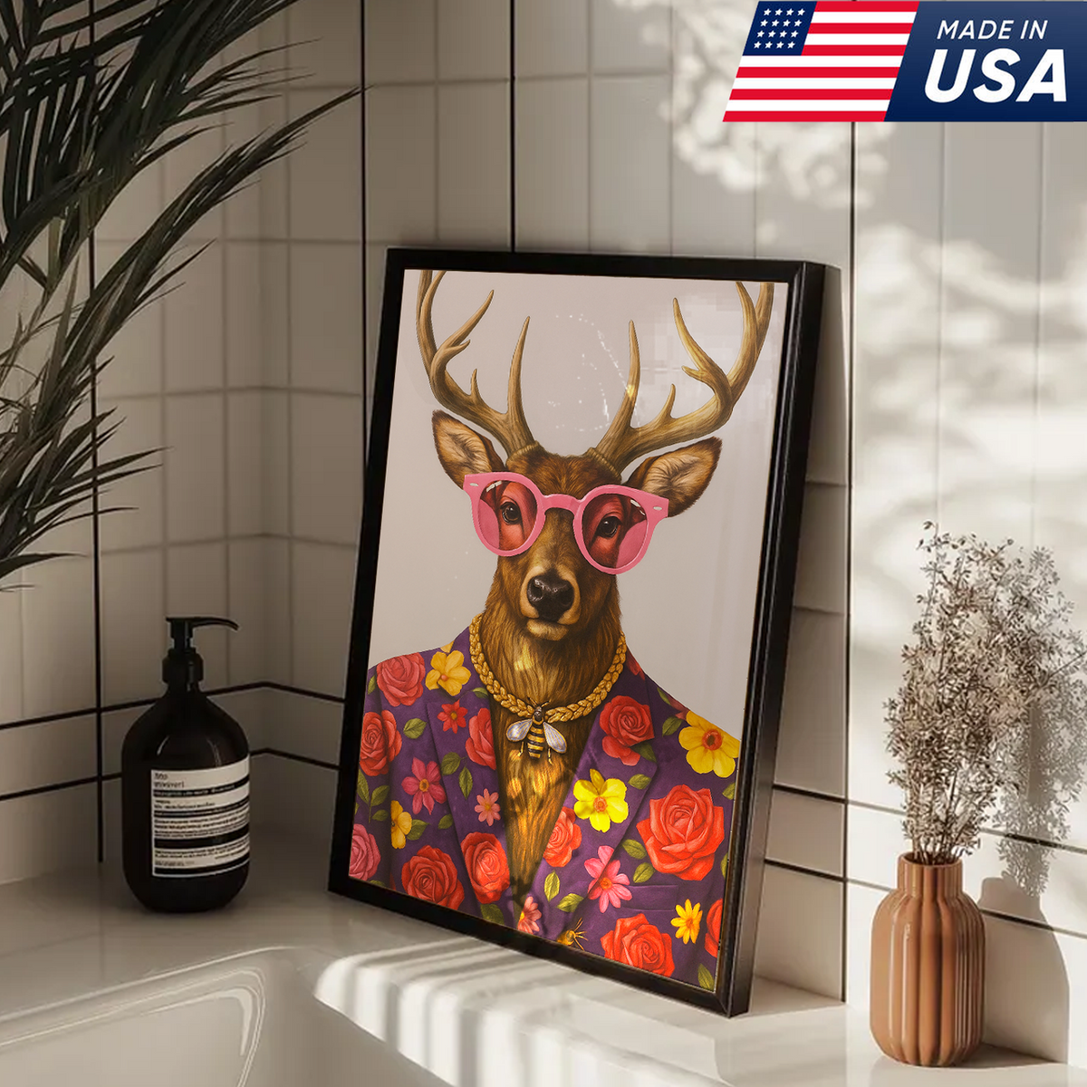 Funny Deer Wall Art Canvas – Stylish Hunter Canvas with Floral Suit & Sunglasses