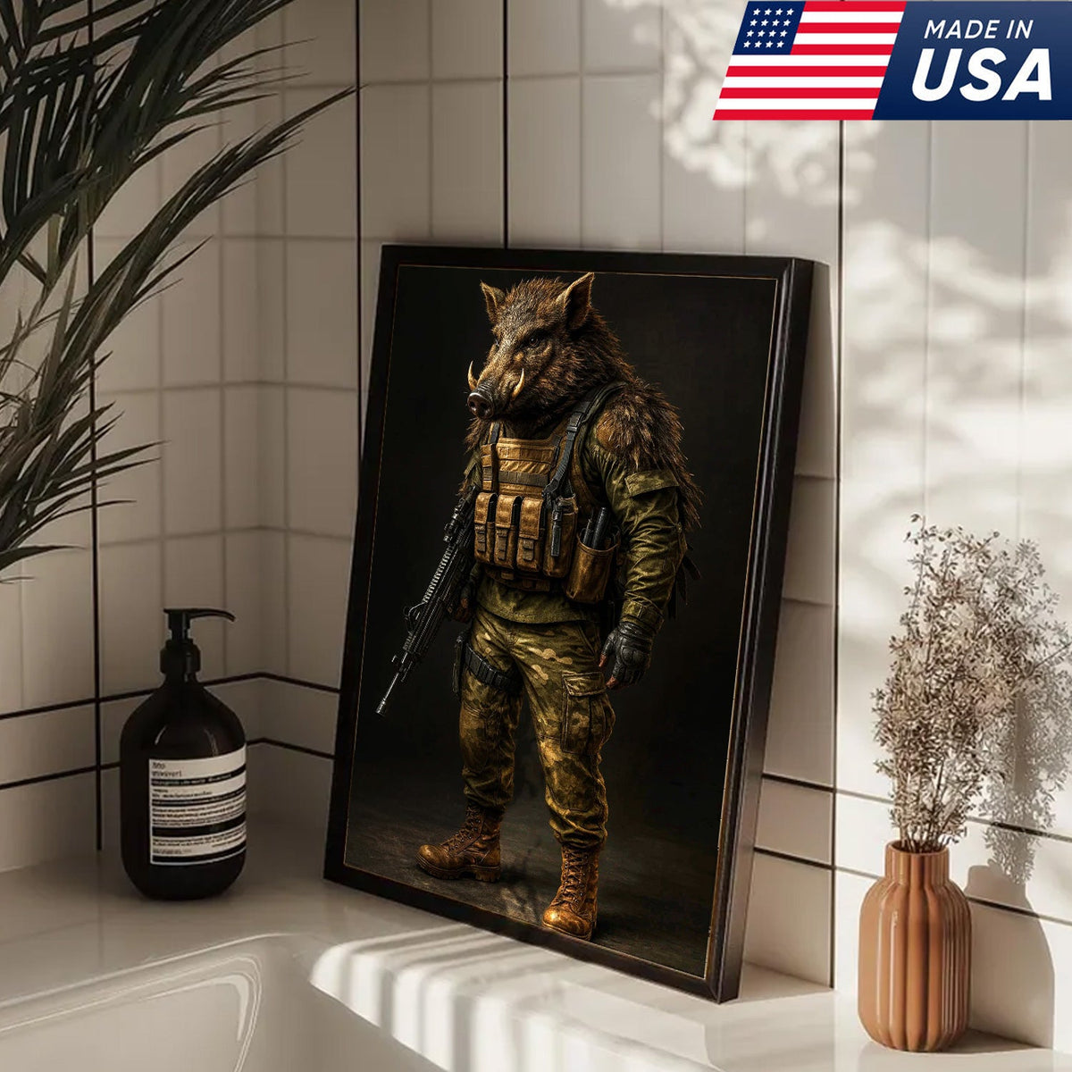 Tactical Boar Canvas Art – Armored Wild Hog Warrior in Combat Gear