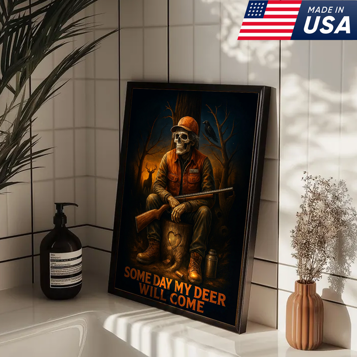 Funny Deer Hunting Canvas Wall Art – Skeleton Hunter with Rifle, Rustic Lodge Decor