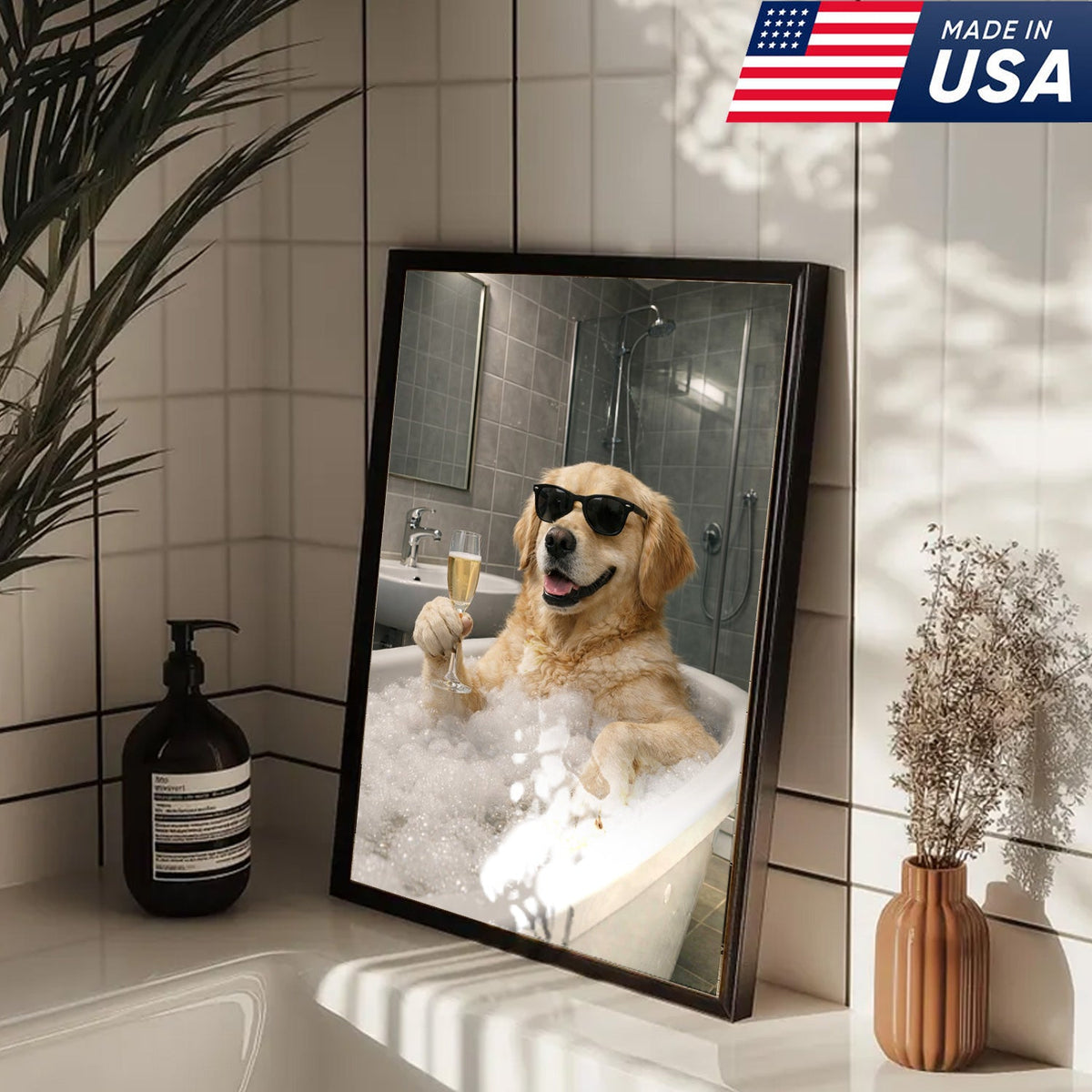 Golden Retriever Bath Canvas Wall Art, Funny Dog Bathroom Decor