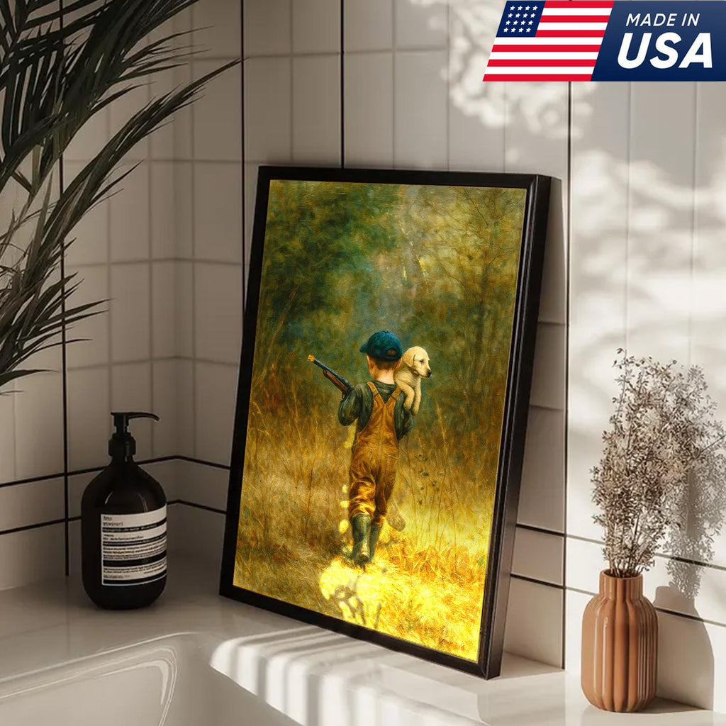 Little Hunter and Puppy Canvas Wall Art, Wholesome Boy with Dog Artwork