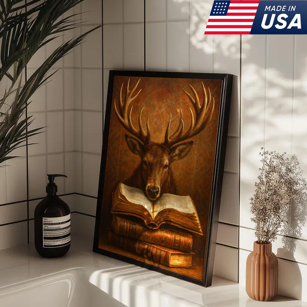 Wise Deer Canvas Wall Art – Rustic Library & Cabin Decor