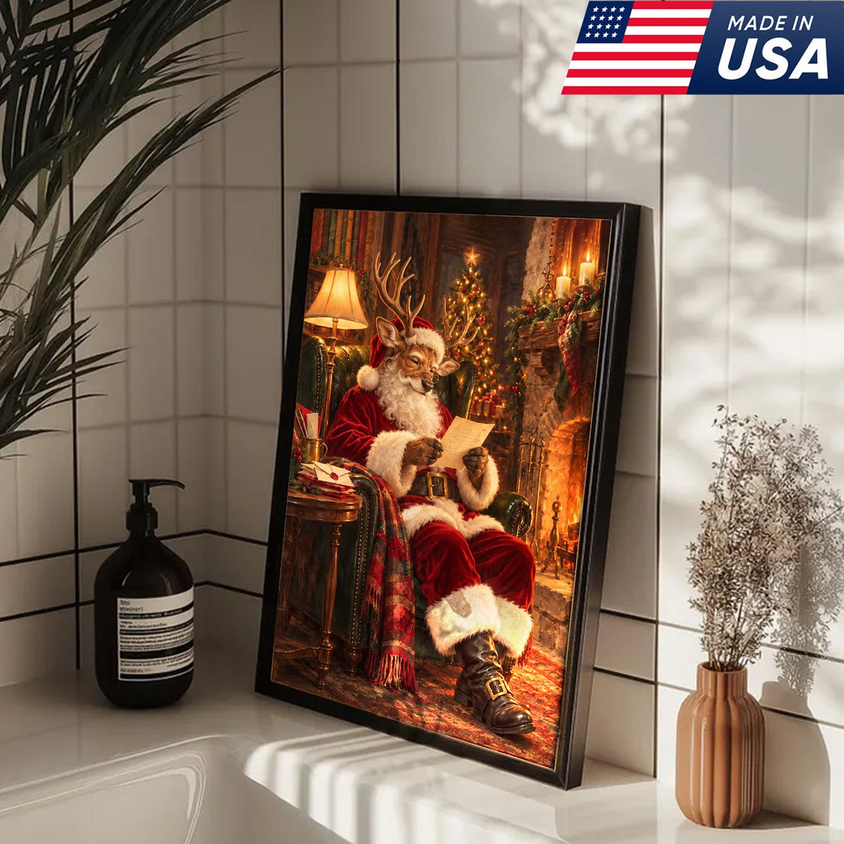 Santa's Cozy Reindeer Canvas