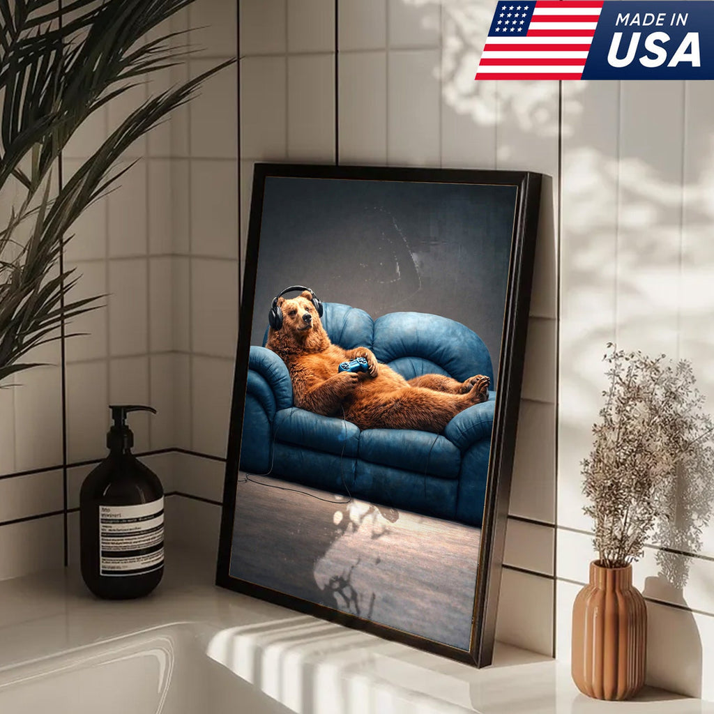 Funny Gamer Bear Wall Art Canvas Print, Relaxing Animal Gaming Illustration