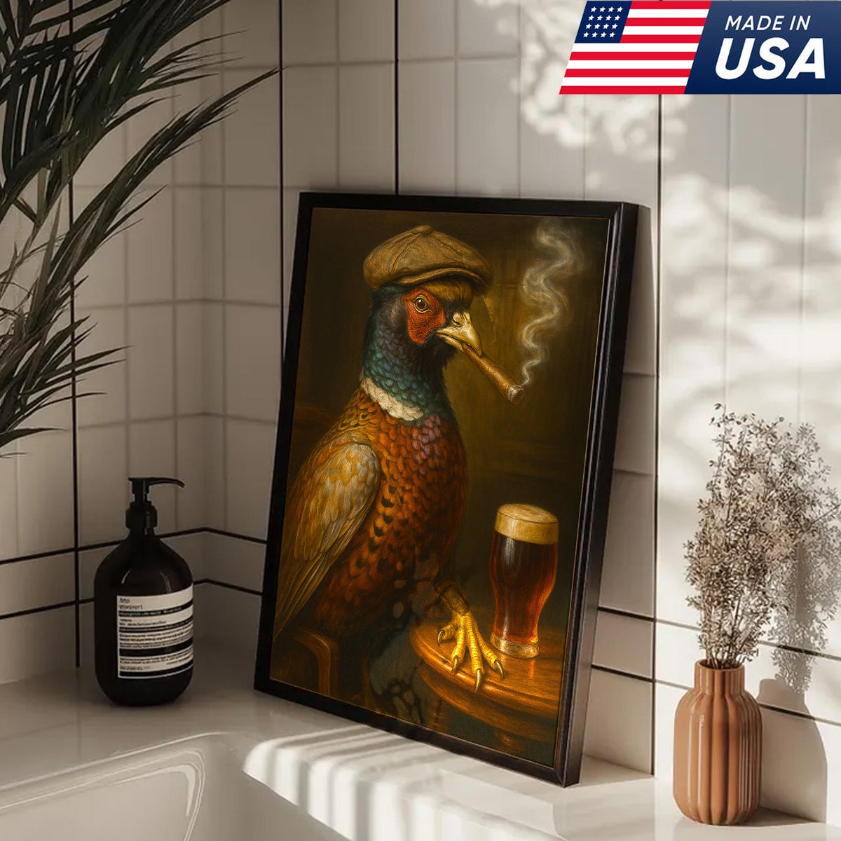 Pheasant Beer & Smoking Canvas – Funny Rustic Wall Art for Hunters, Bar & Man Cave Decor