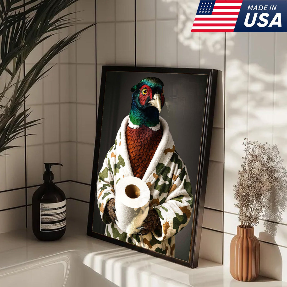 Funny Pheasant Bathroom Wall Art – Camo Robe Bird Holding Toilet Paper Print