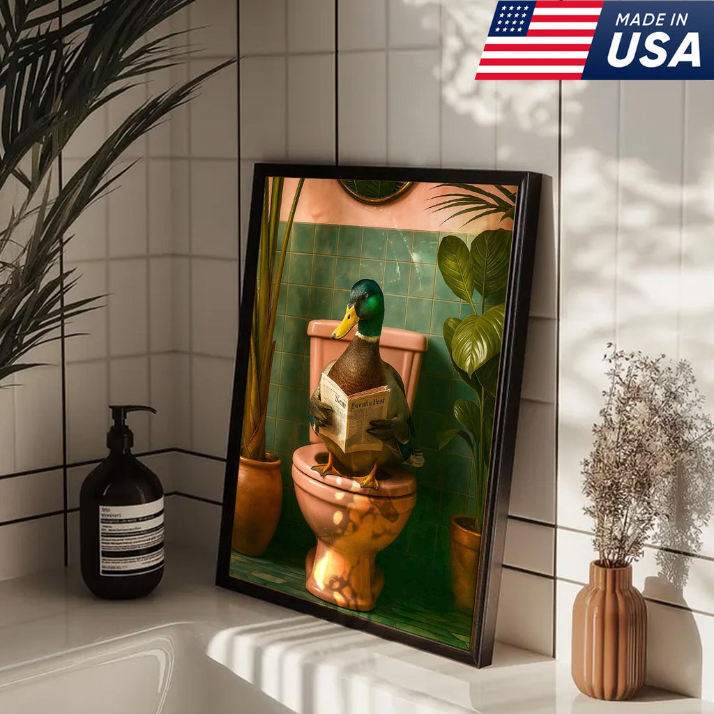 Whimsical Duck Bathroom Canvas Wall Art – Funny Rustic Lodge Decor – Mallard Reading Humor Print