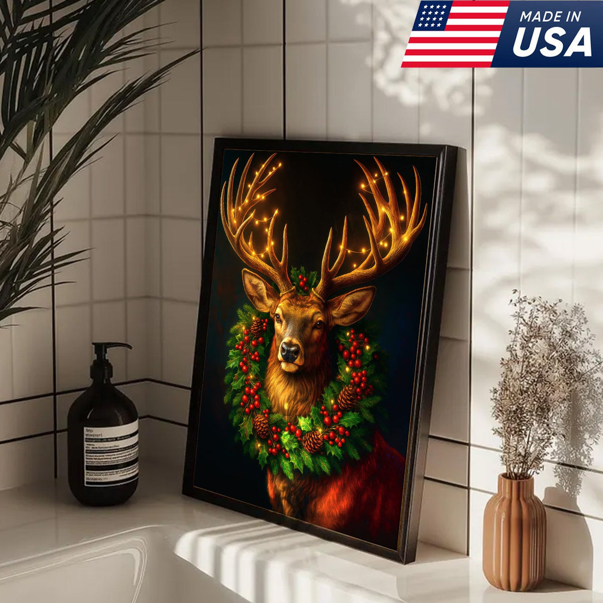 Christmas Deer Canvas Wall Art - Rustic Holiday Decor for Hunters, Cabin & Lodge Christmas Gift