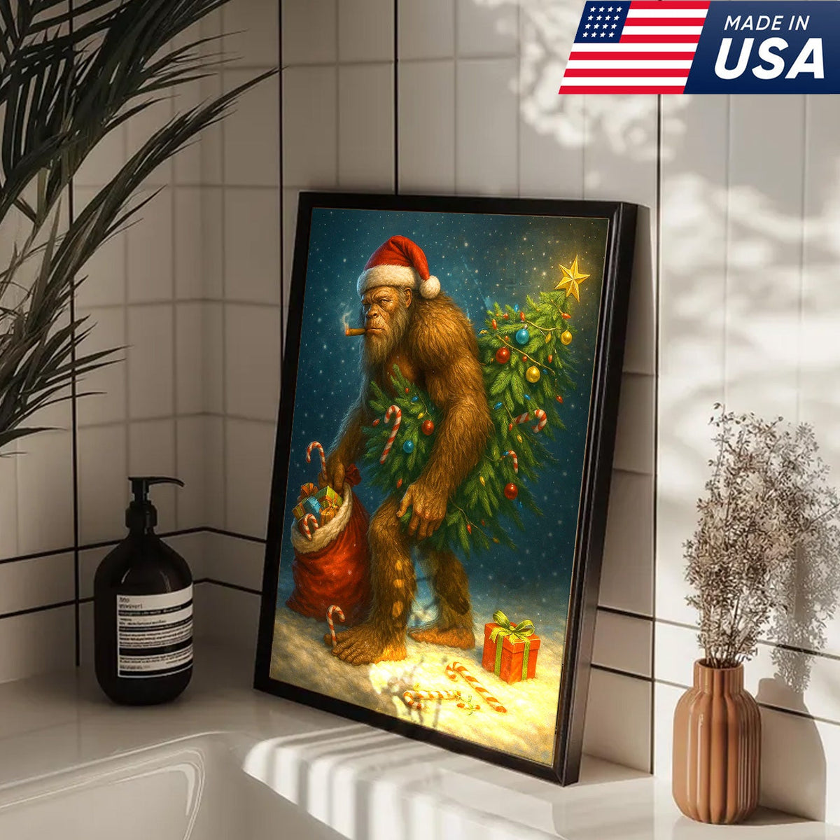Funny Bigfoot Christmas Canvas Art, Sasquatch Holiday Wall Decor with Candy Canes