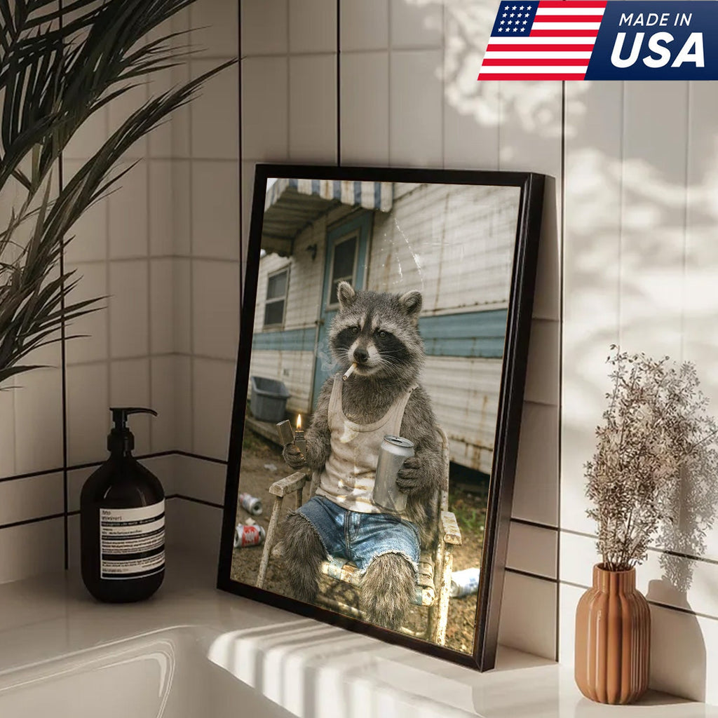 Funny Raccoon Trailer Park Canvas Wall Art, Redneck Raccoon Smoking with Beer