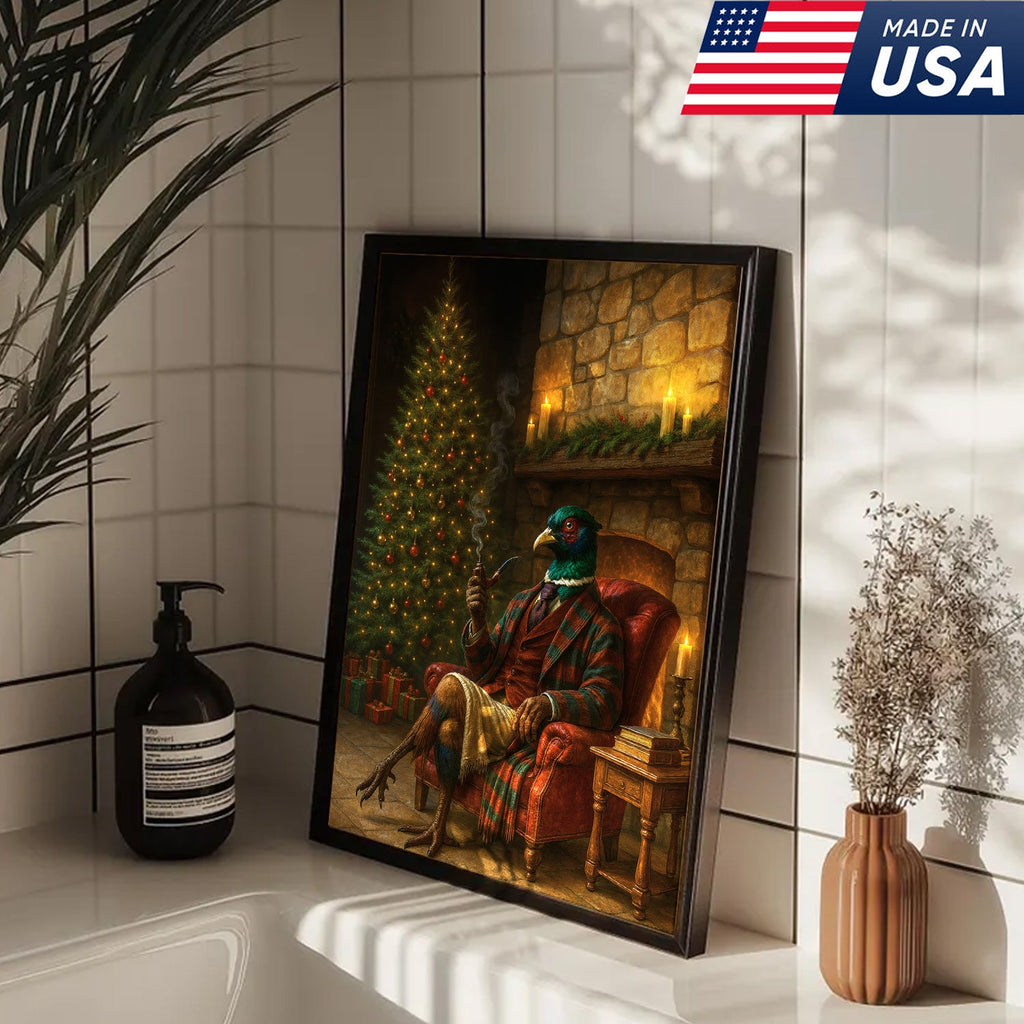 Holiday Pheasant Gentleman Canvas Wall Decor – Cozy Christmas Artwork for Cabin or Farmhouse