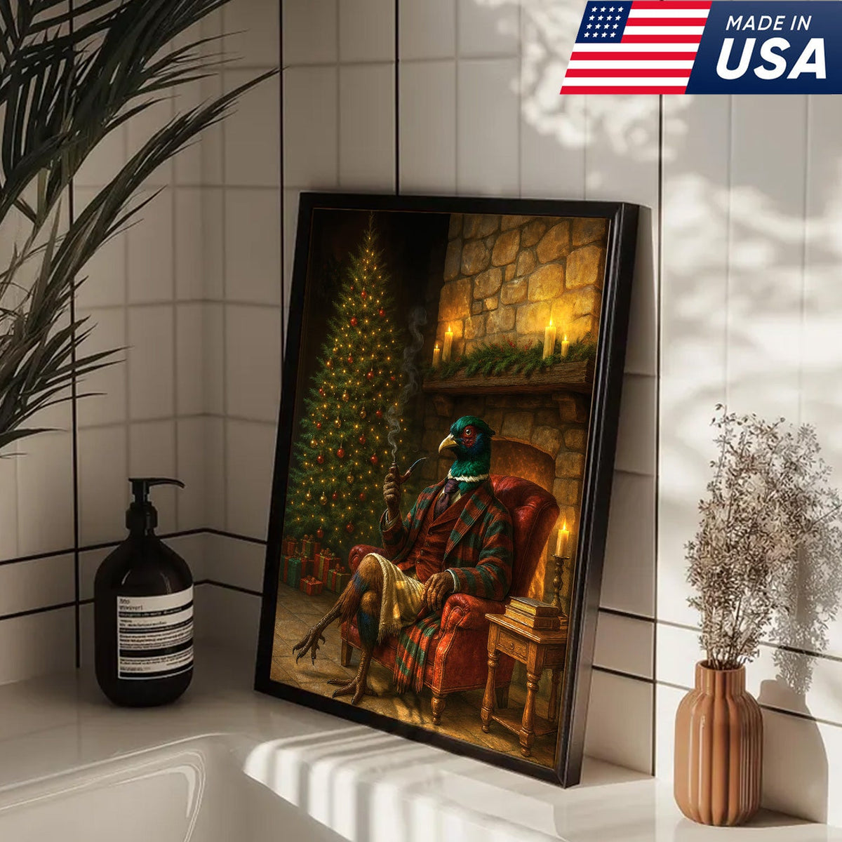 Holiday Pheasant Gentleman Canvas Wall Decor – Cozy Christmas Artwork for Cabin or Farmhouse