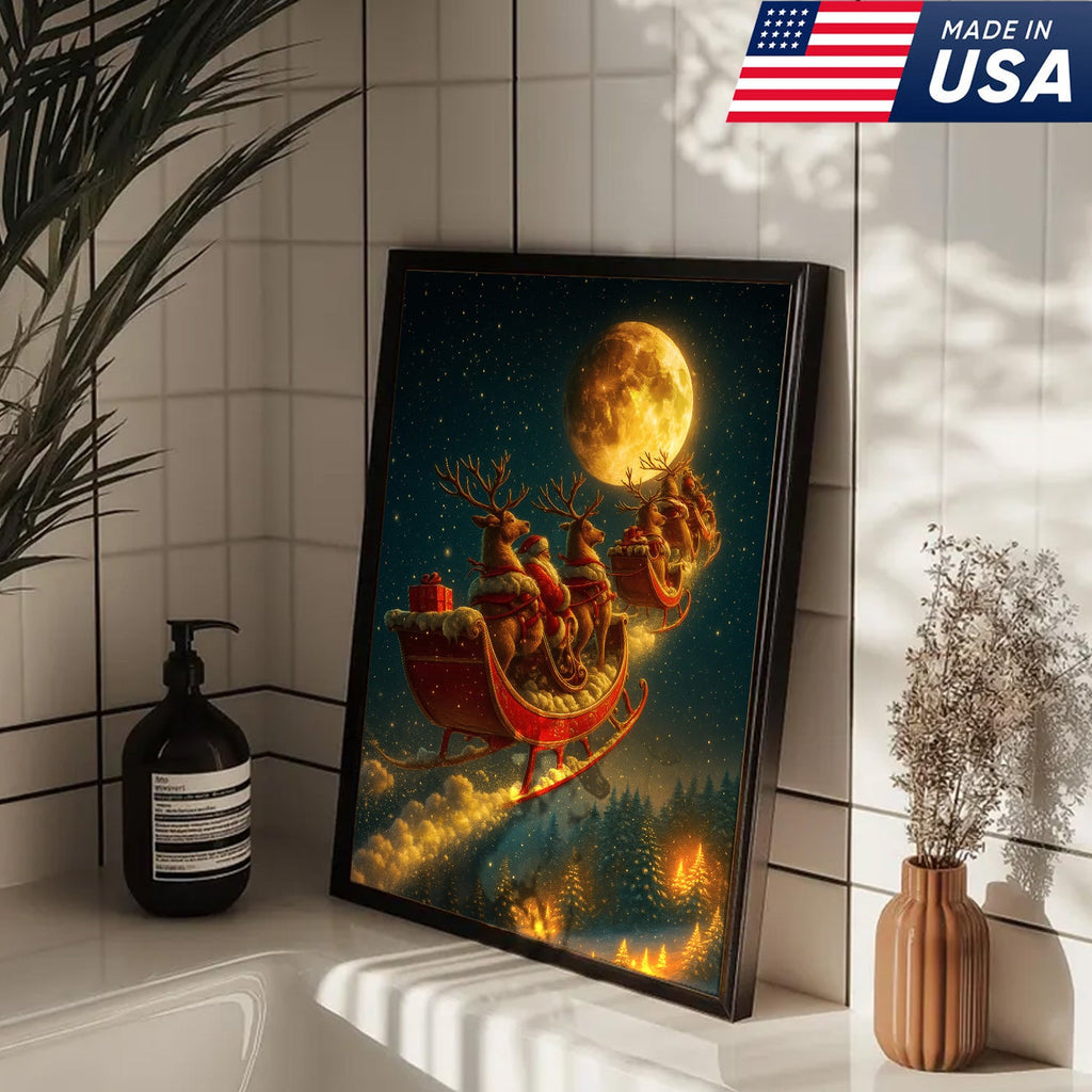 Magical Santa Sleigh and Reindeer Canvas – Christmas Wall Art Gift for Hunters & Holiday Lovers