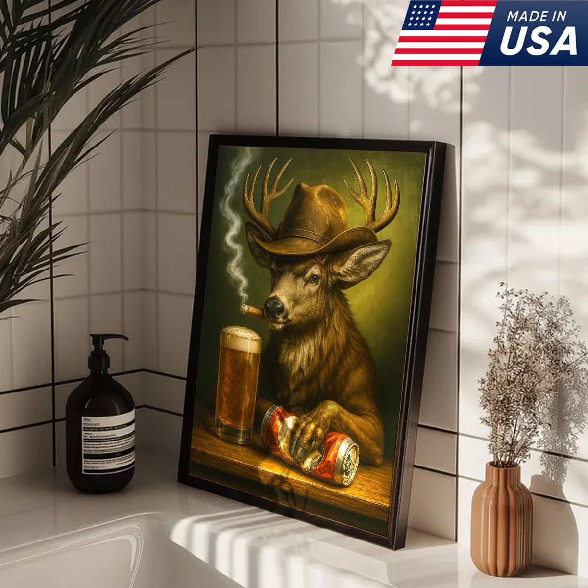 Funny Cowboy Buck Beer Canvas – Rustic Funny Wall Art Gift for Hunters, Bar Cabin & Man Cave Decor