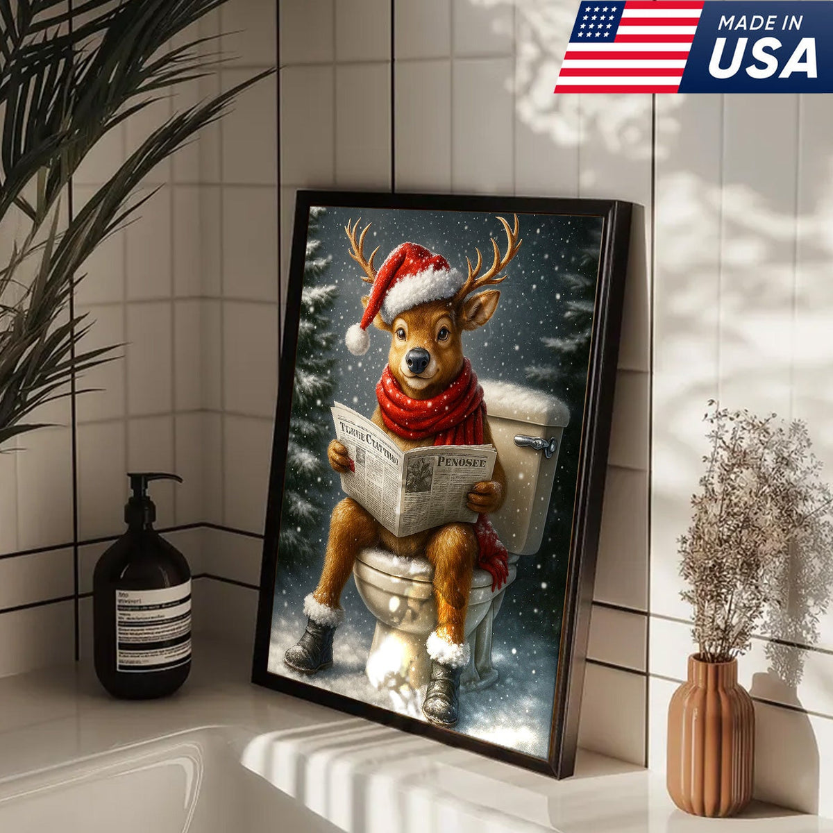 Funny Deer Christmas Canvas Wall Art – Holiday Bathroom Decor – Rustic Hunting Lodge Gift