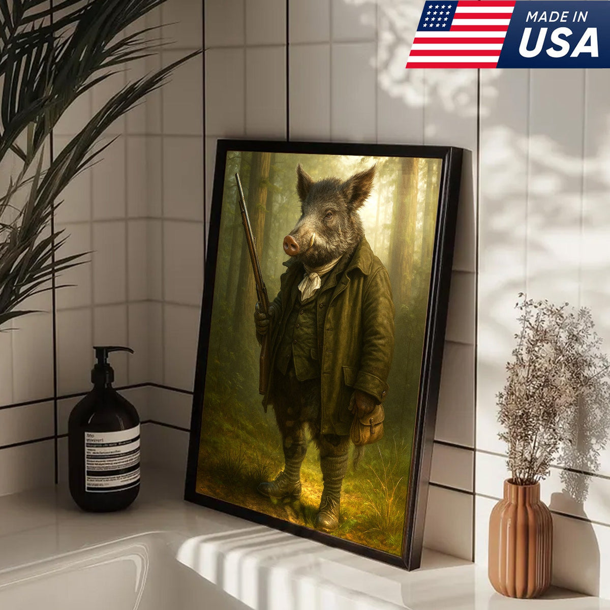 Funny Wild Boar Hunter Canvas Wall Art – Rustic Hunting Lodge Decor Gift for Hunters