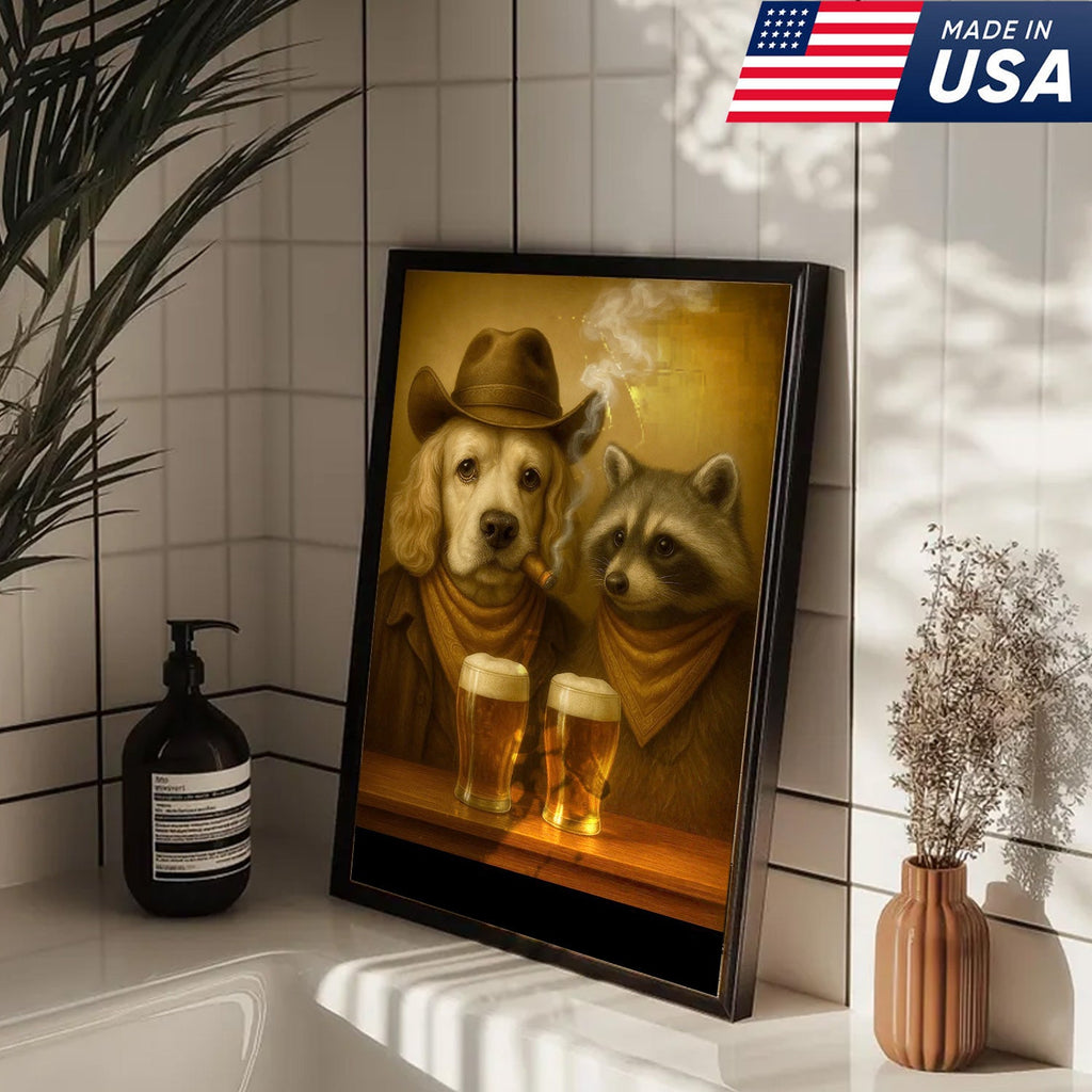 Funny Dog & Raccoon Bar Art – Cowboy Dog Smoking Cigar, Beer Buddies Wall Decor Gift for Men