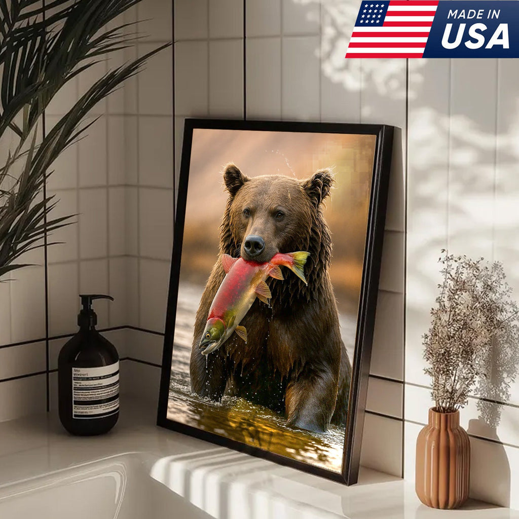Bear Catching Salmon Canvas Wall Art, Wildlife River Cabin Decor, Nature Lover Gift