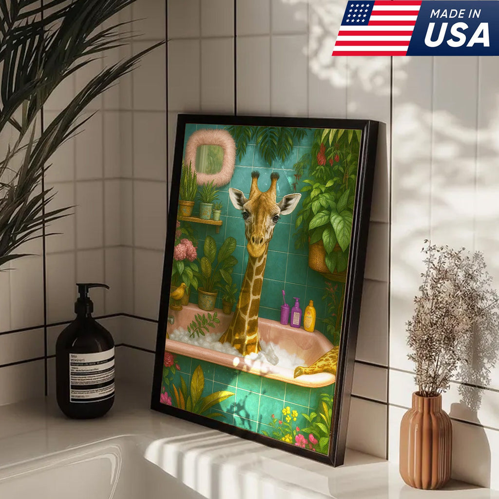 Giraffe Bathroom Wall Art Canvas, Funny Animal Taking Bath Decor