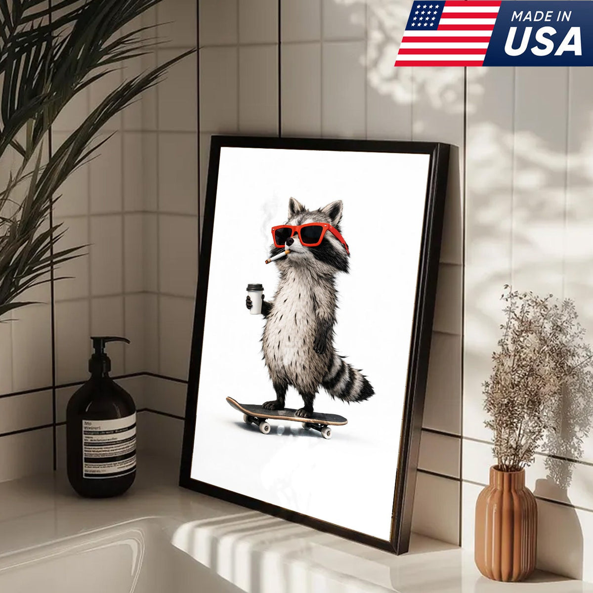 Cool Skateboard Raccoon Wall Art Canvas Print, Funny Urban Animal Illustration