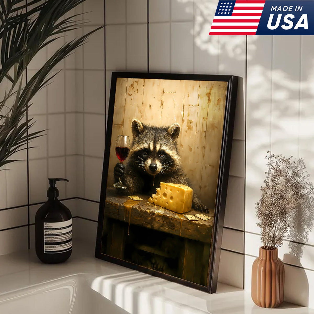 Raccoon with Wine and Cheese Canvas – Funny Bar Wall Art, Gentleman Gift for Men